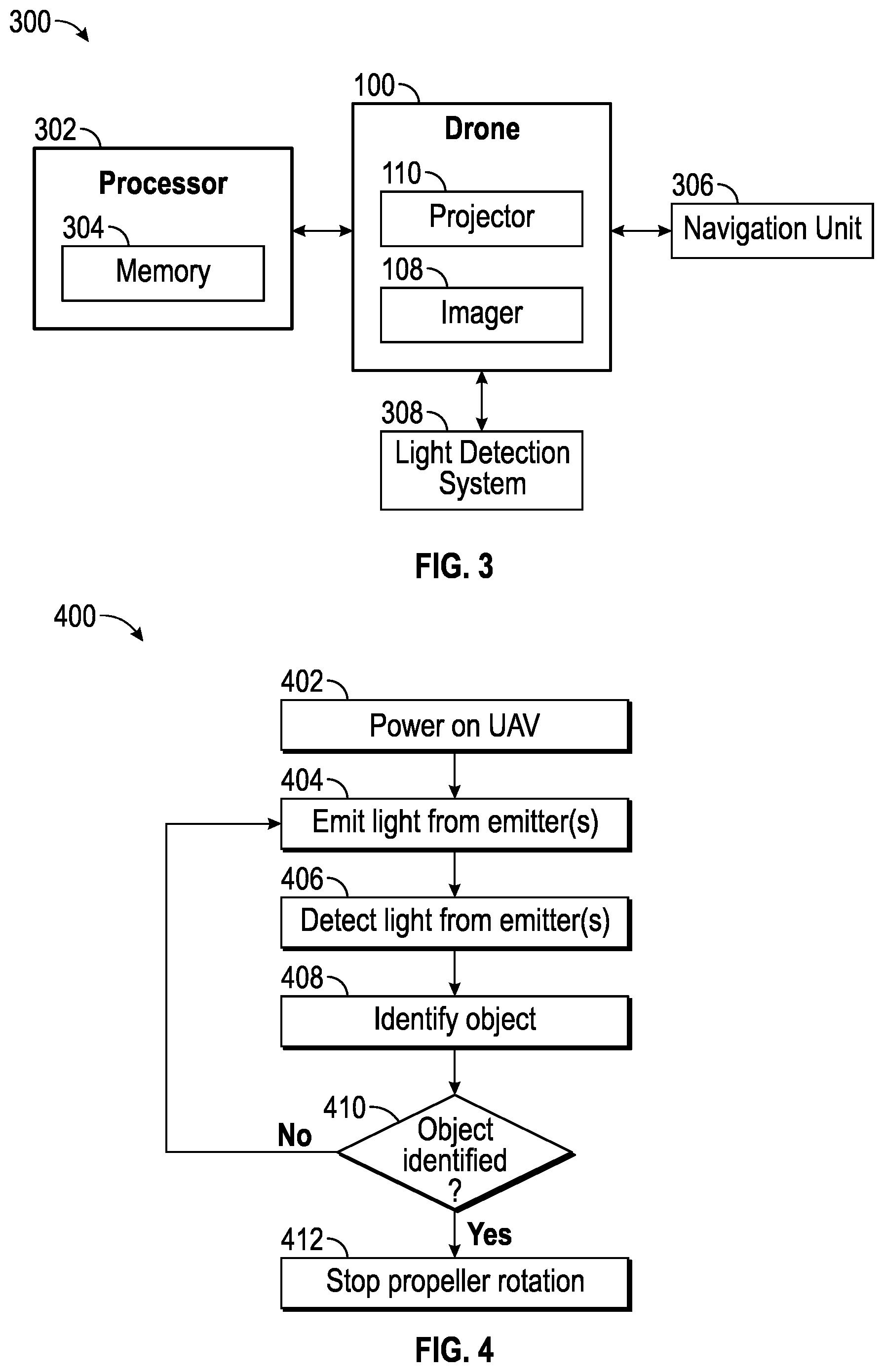 Patent US11780570 Figure 5 – Unmanned aerial vehicle with object detection propeller stoppage