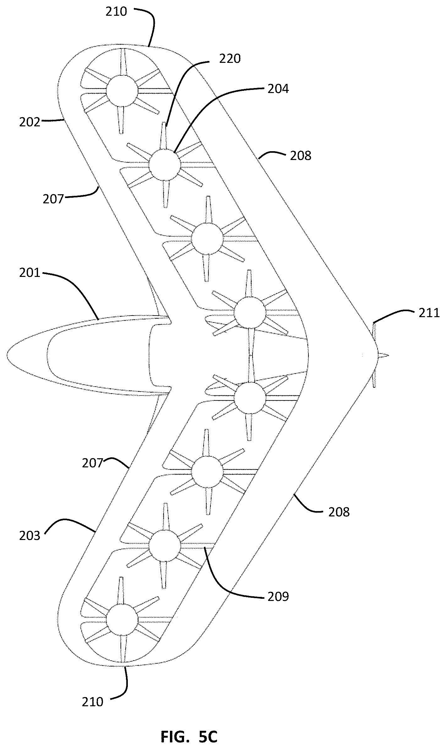 Patent US11780572 Figure 9 – VTOL aircraft using fixed forward canted rotors to simulate rigid wing dynamics