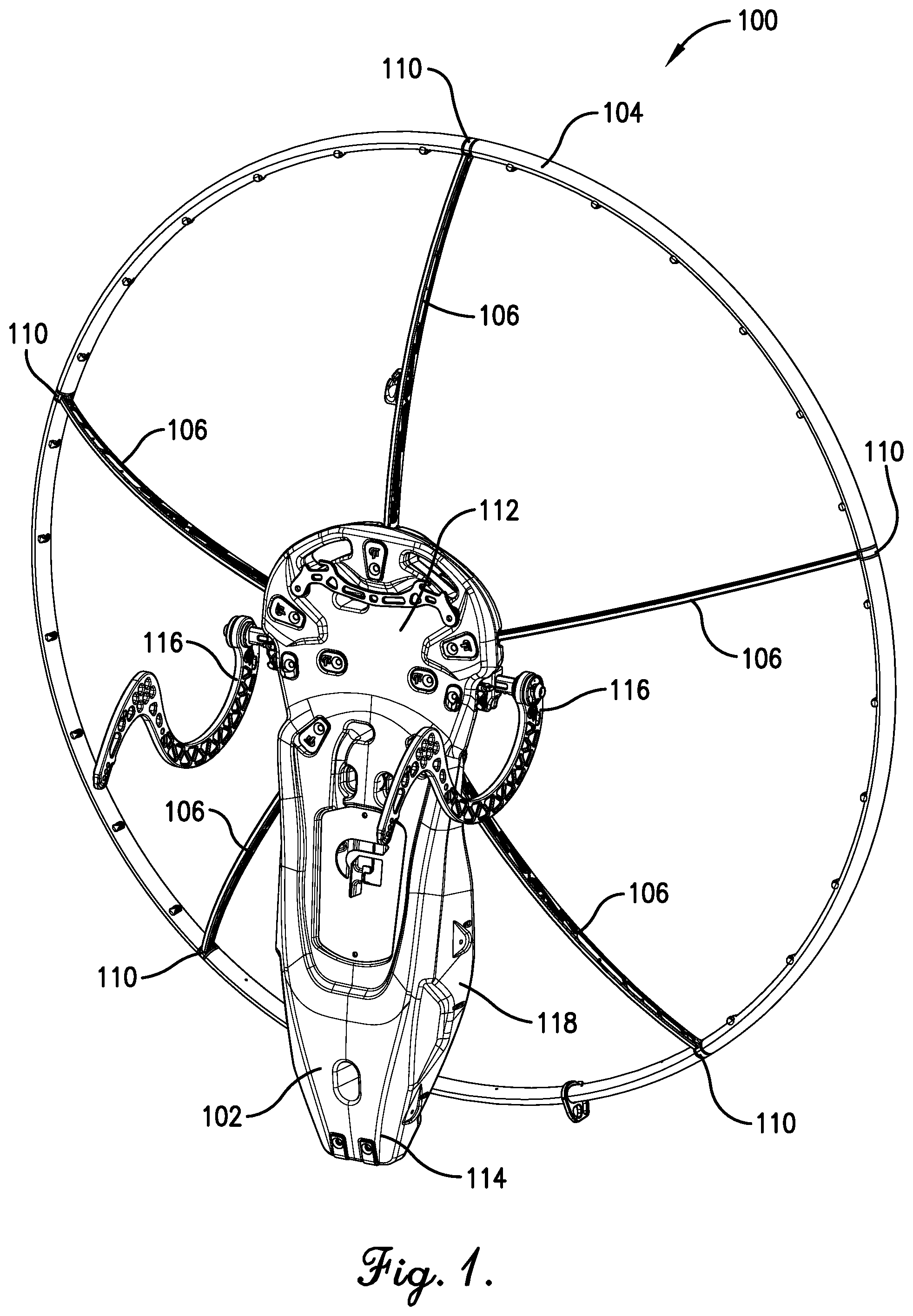 Patent US11780577 Figure 1 – Unibody paramotor assembly
