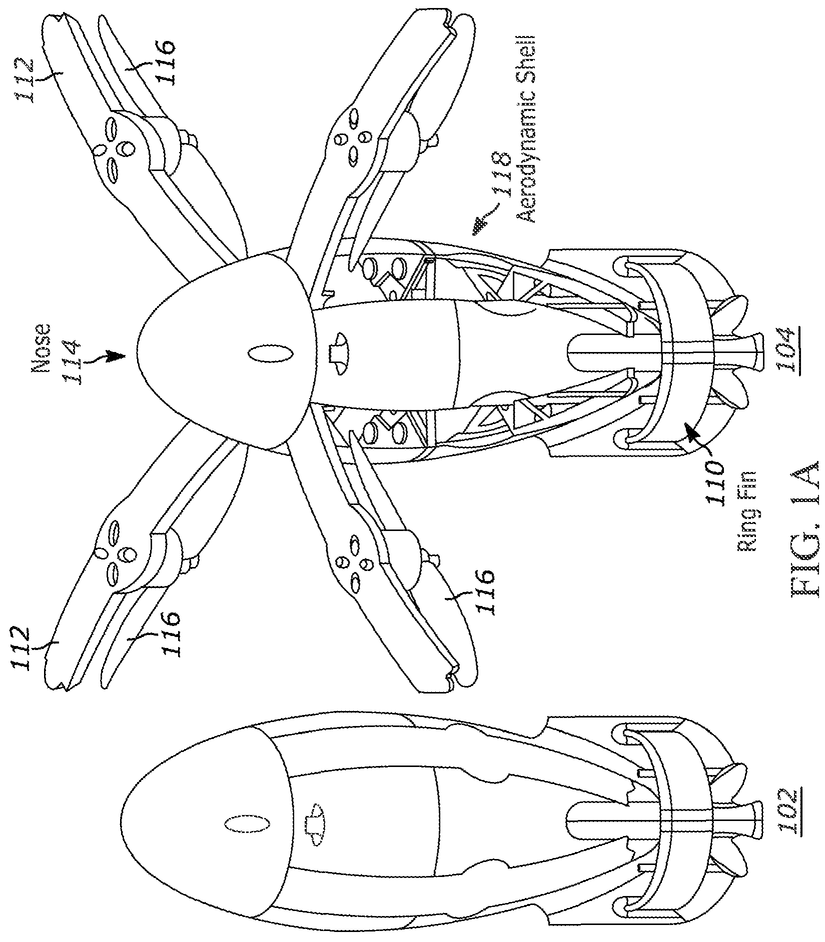 Patent US11780580 Figure 1 – Passive and active stability systems for ballistically launched multirotors