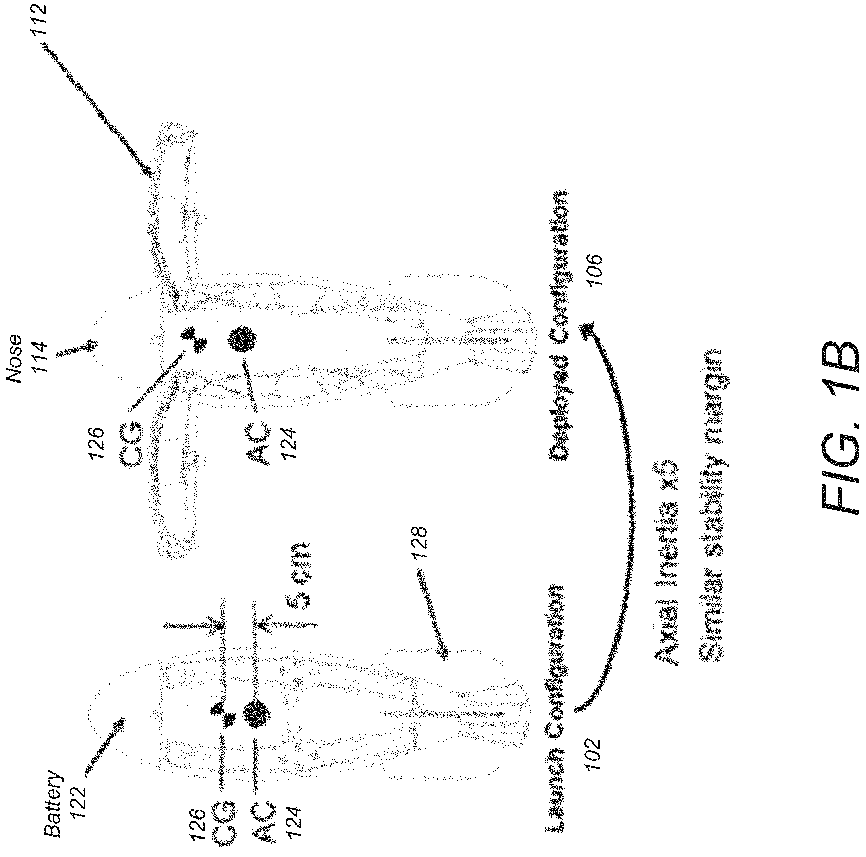 Patent US11780580 Figure 3 – Passive and active stability systems for ballistically launched multirotors