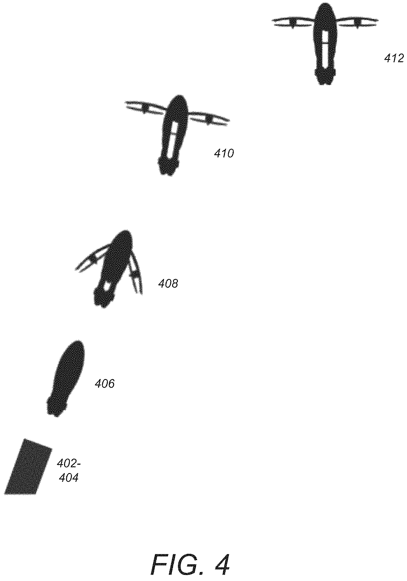 Patent US11780580 Figure 5 – Passive and active stability systems for ballistically launched multirotors