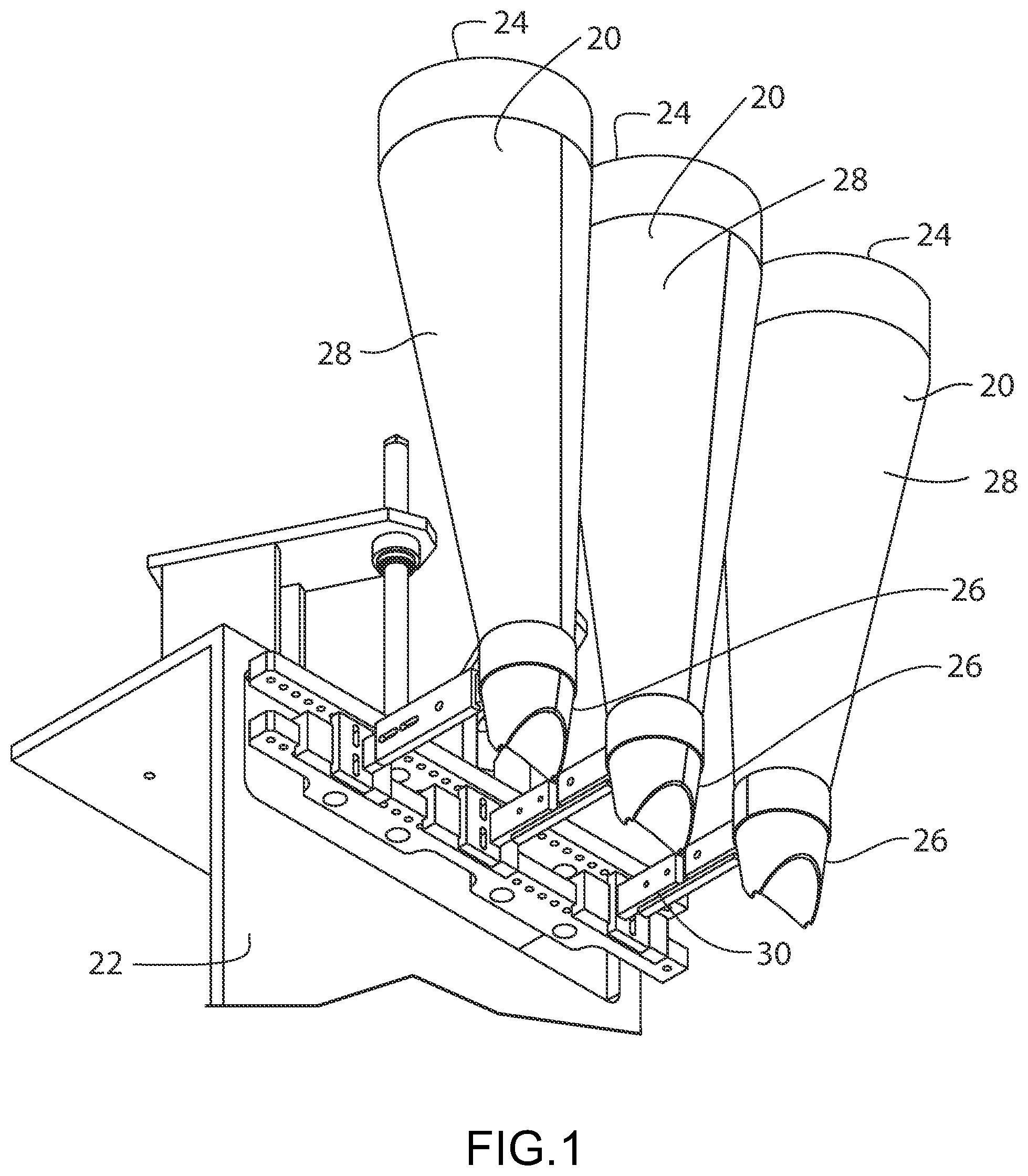 Patent US11780625 Figure 1 – Funnels and lances for package filling