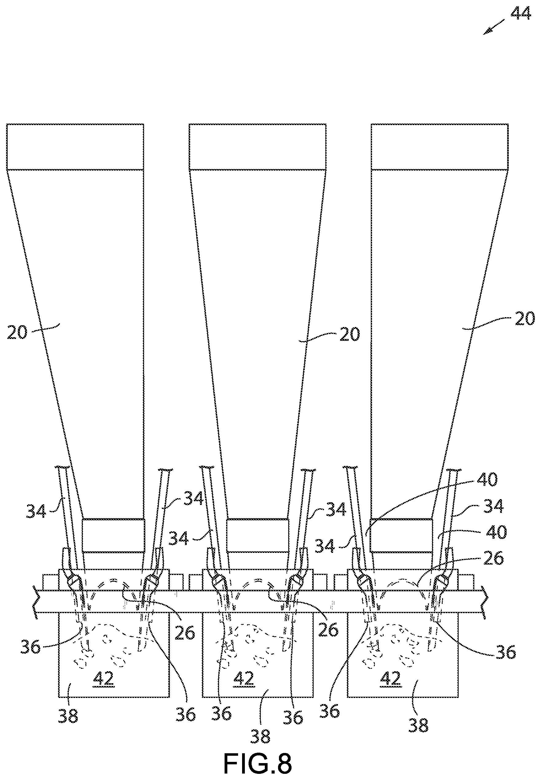 Patent US11780625 Figure 8 – Funnels and lances for package filling