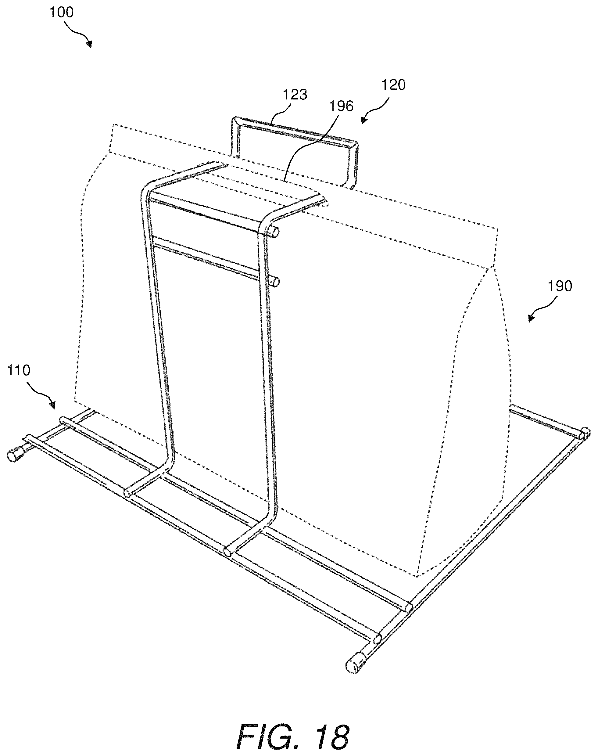 Patent US11780629 Figure 18 – Bag rack and method of using same