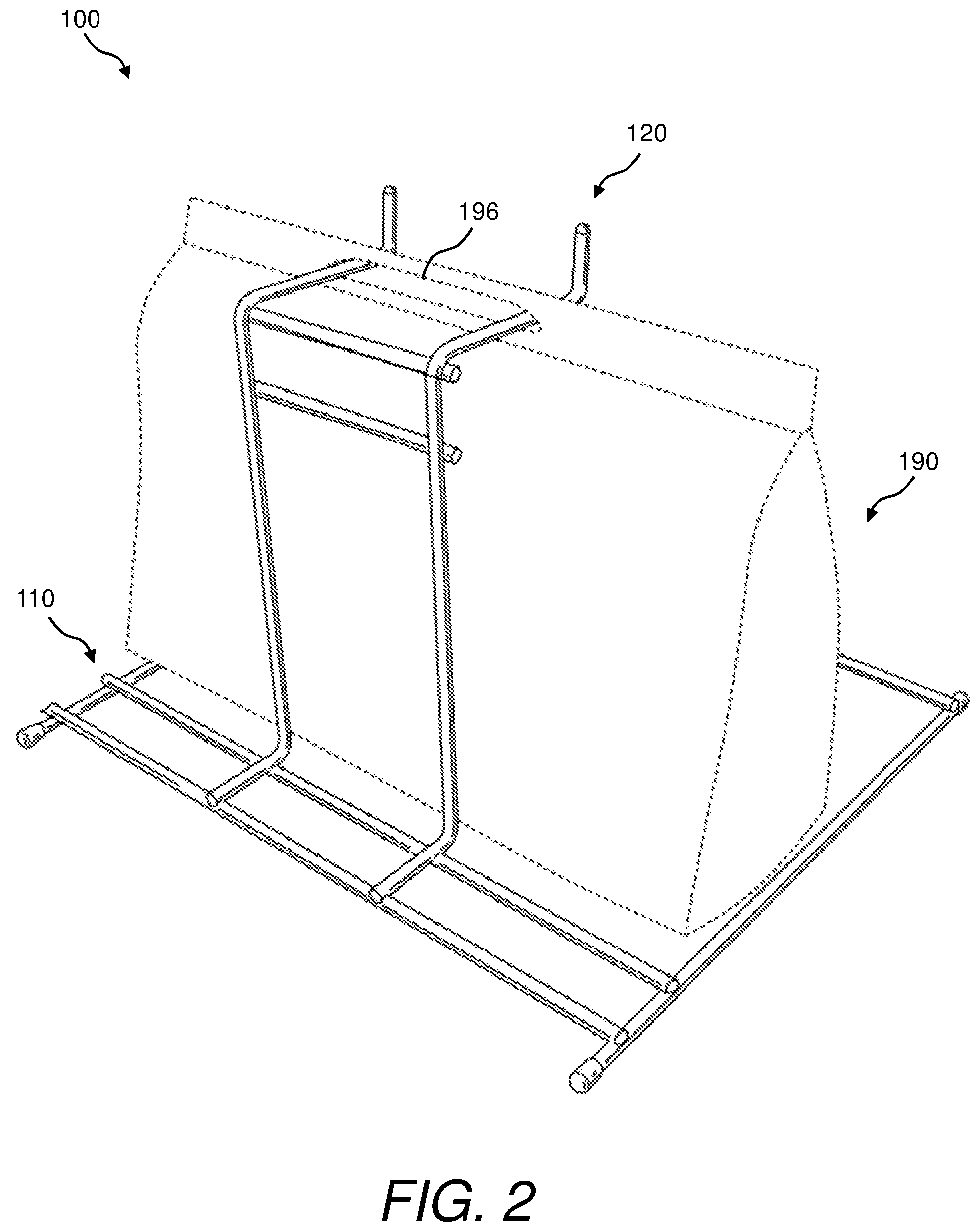 Patent US11780630 Figure 2 – Bag rack and method of using same
