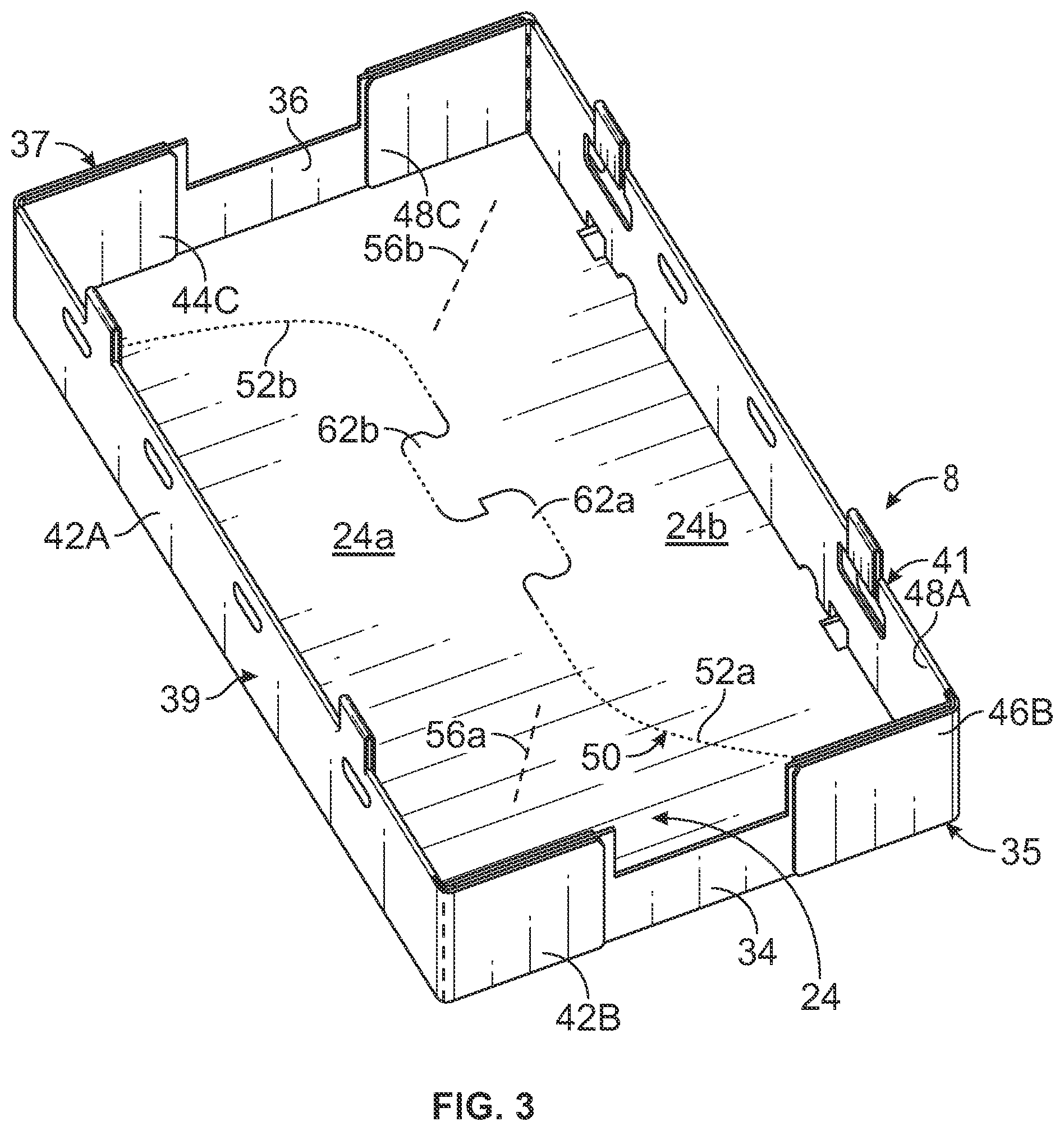Patent US11780637 Figure 4 – Container with improved breakdown features