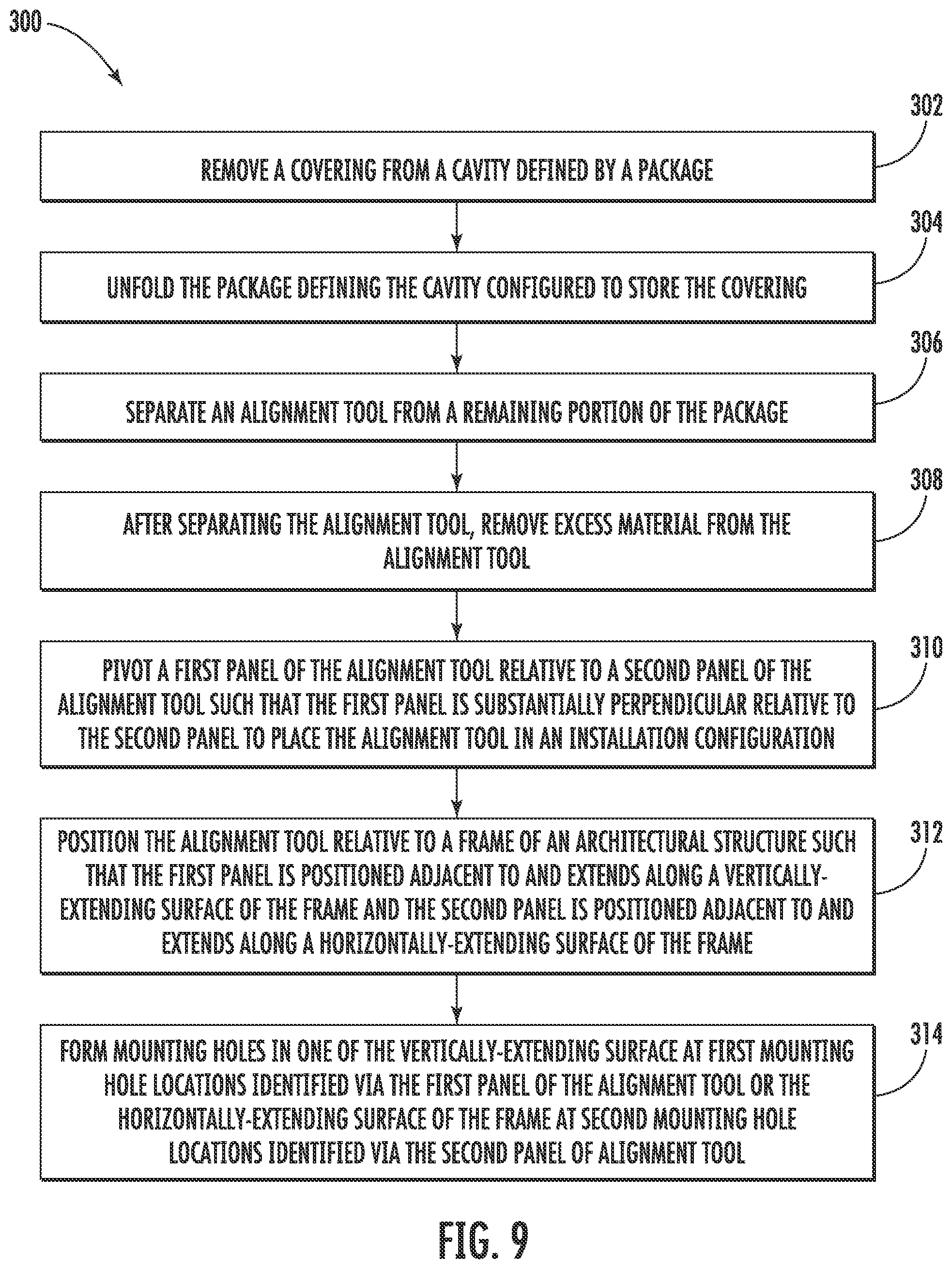 Patent US11780638 Figure 9 – Method for installing a covering relative to a frame of an architectural structure and associated alignment tools