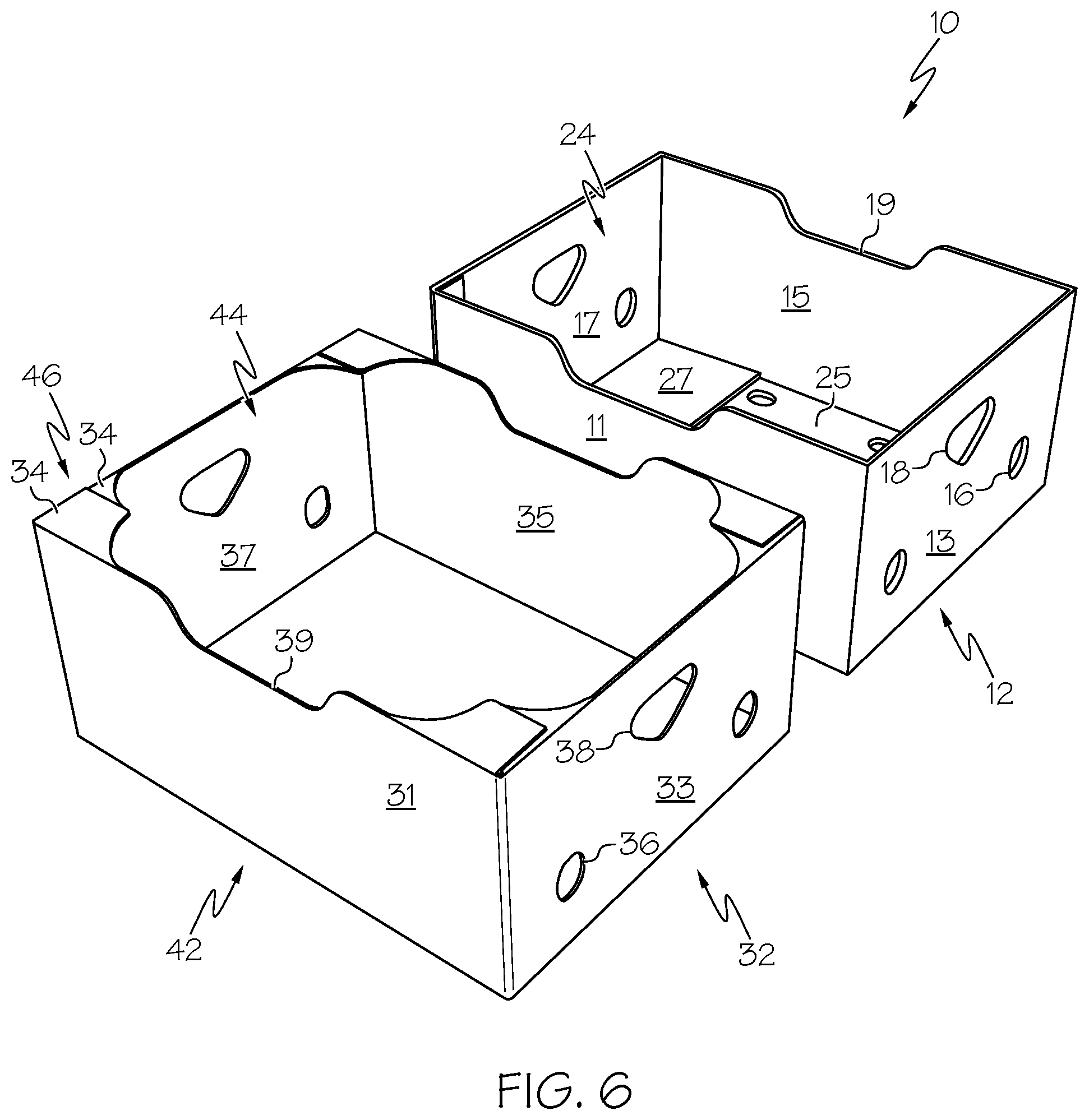 Patent US11780639 Figure 7 – Optimized system, box and bag for packing, shipping, storing and displaying produce