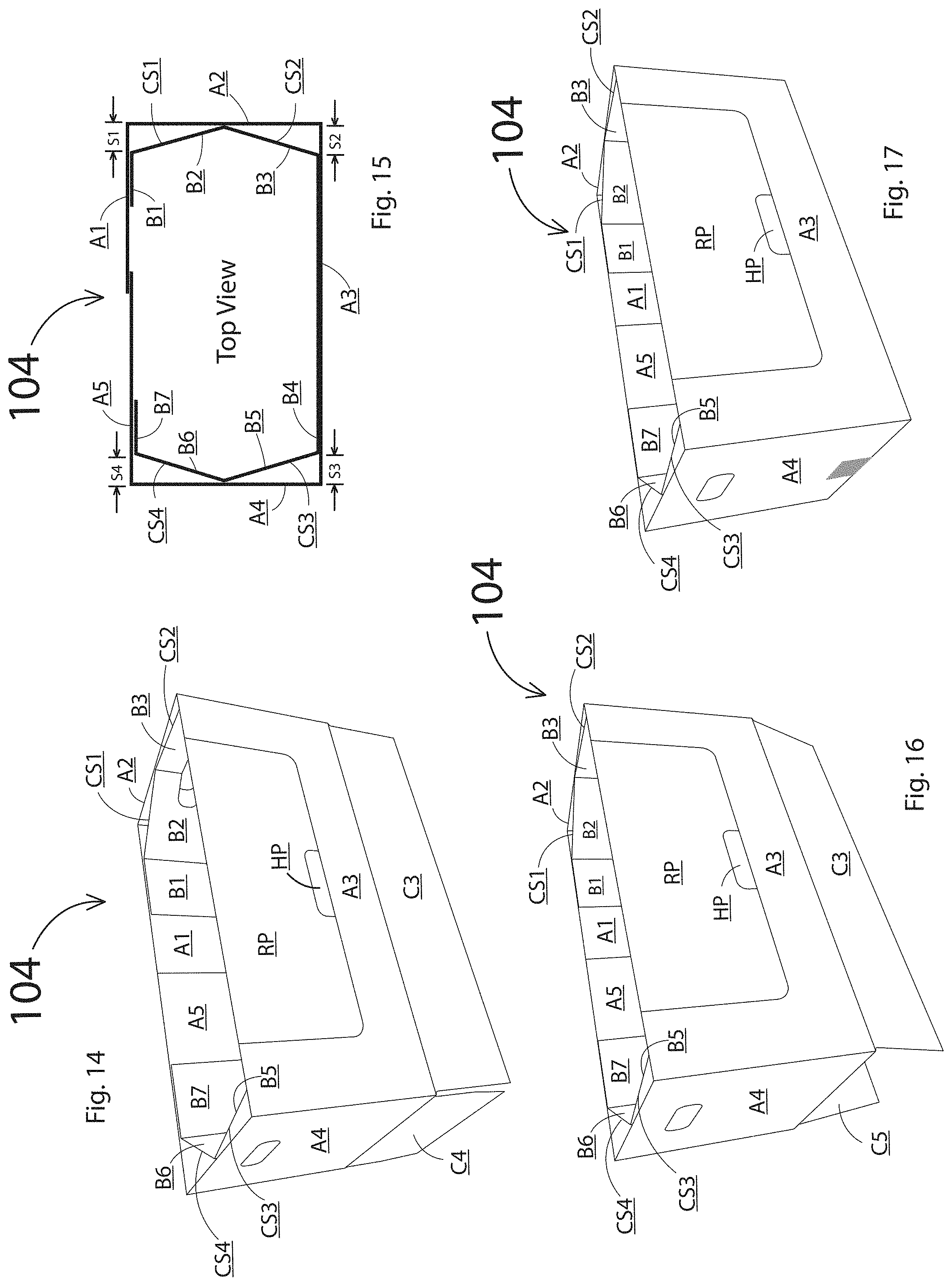 Patent US11780640 Figure 15 – One piece container with internal corner supports