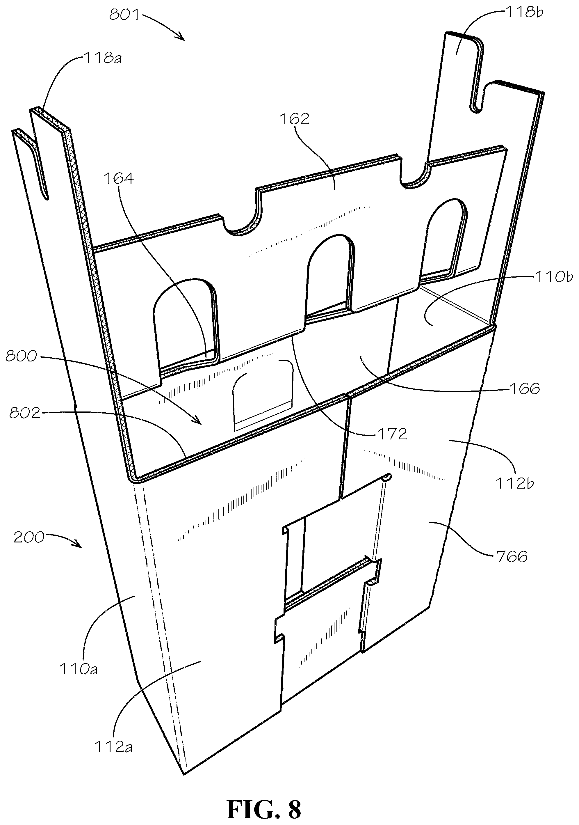 Patent US11780642 Figure 8 – Three-pack beverage box