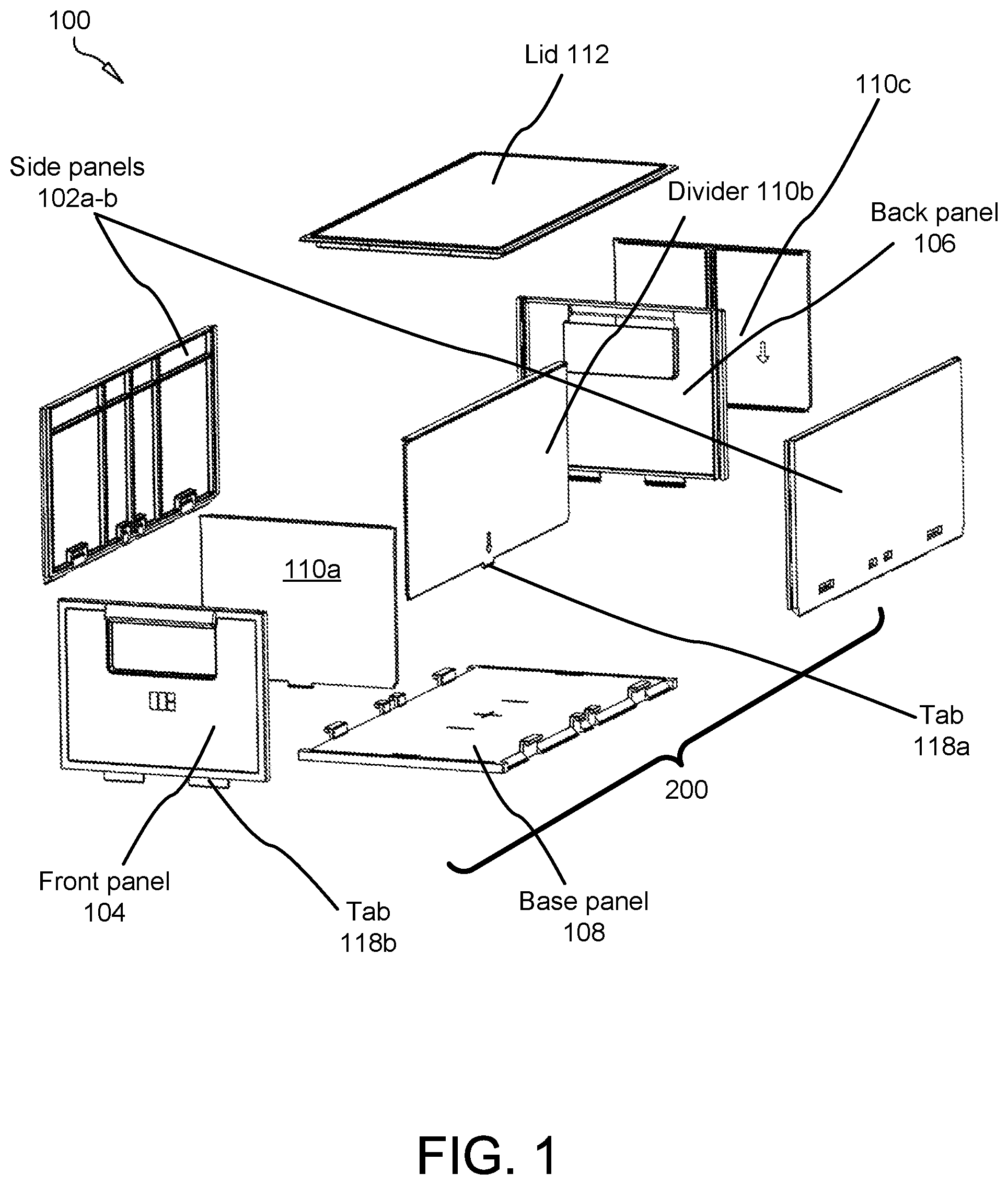 Patent US11780644 — Multiconfigurable, collapsible, modular tote container — Figure 1
