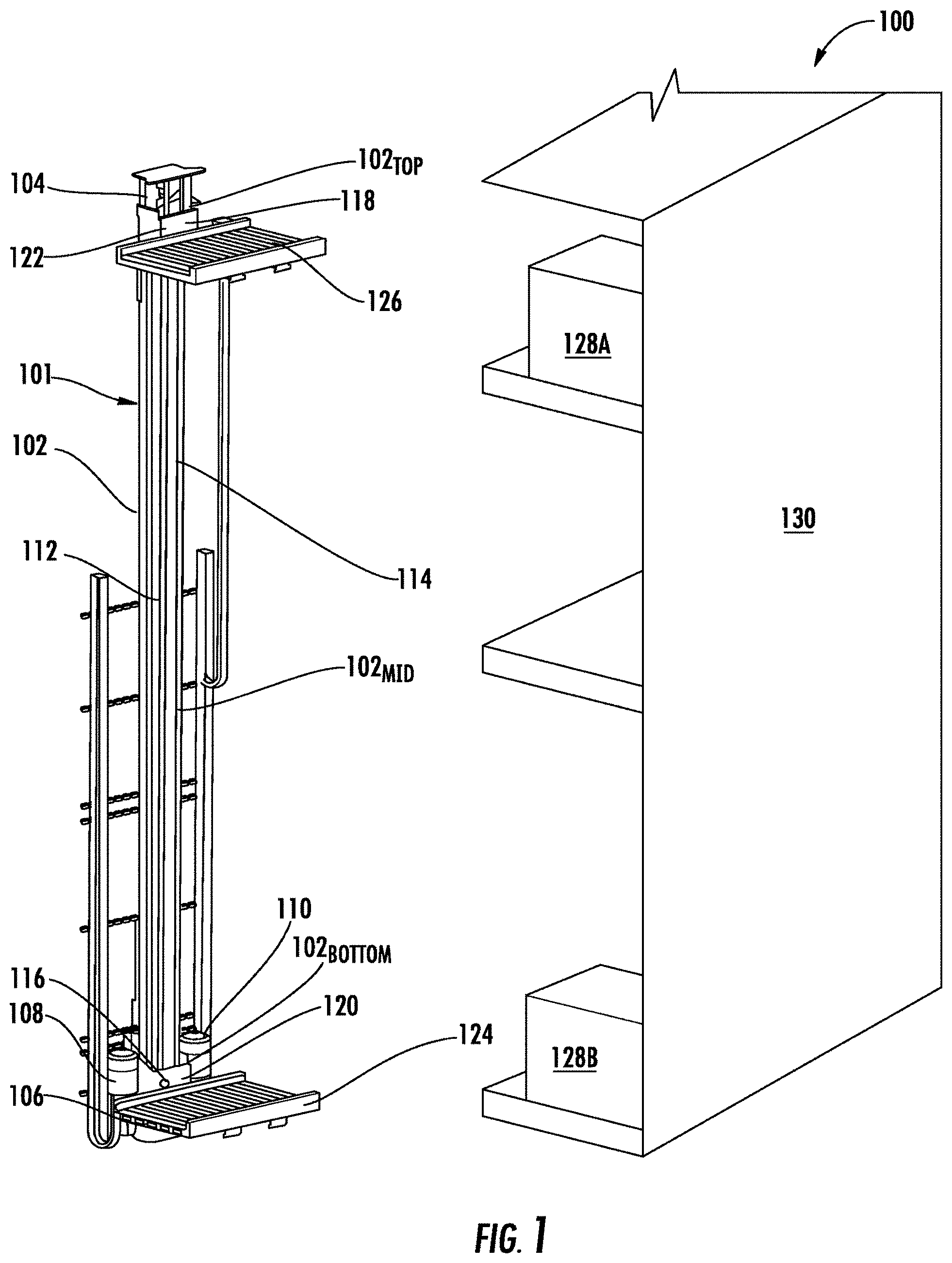 Patent US11780675 Figure 1 – Carriage lift assembly for storage handling and article retrieval