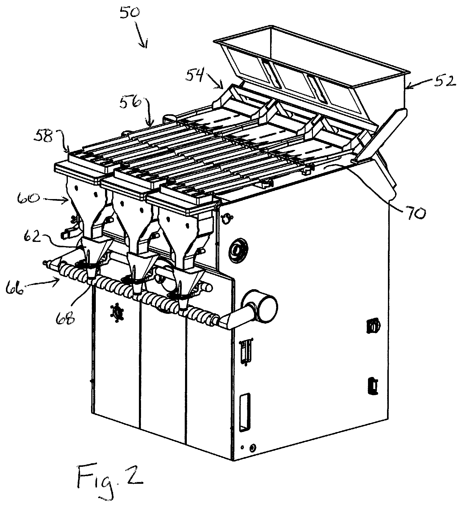 Patent US11780679 Figure 2 – Vibratory conveyor for conveying items and related filling machine and methods