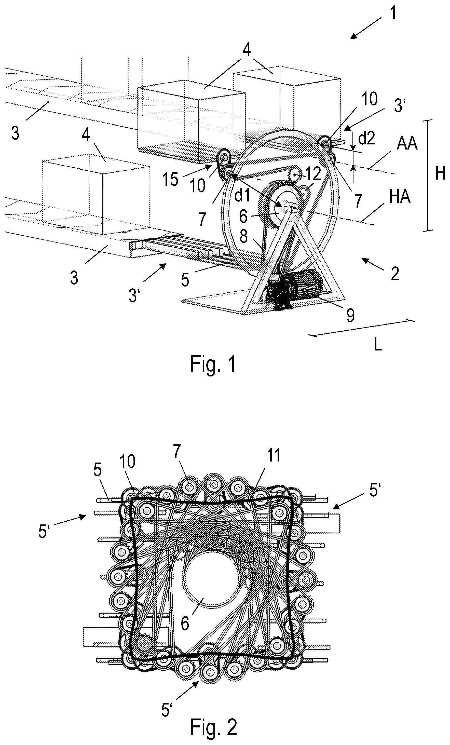 Patent US11780680 Figure 1 – Vertical conveyor for a conveying installation