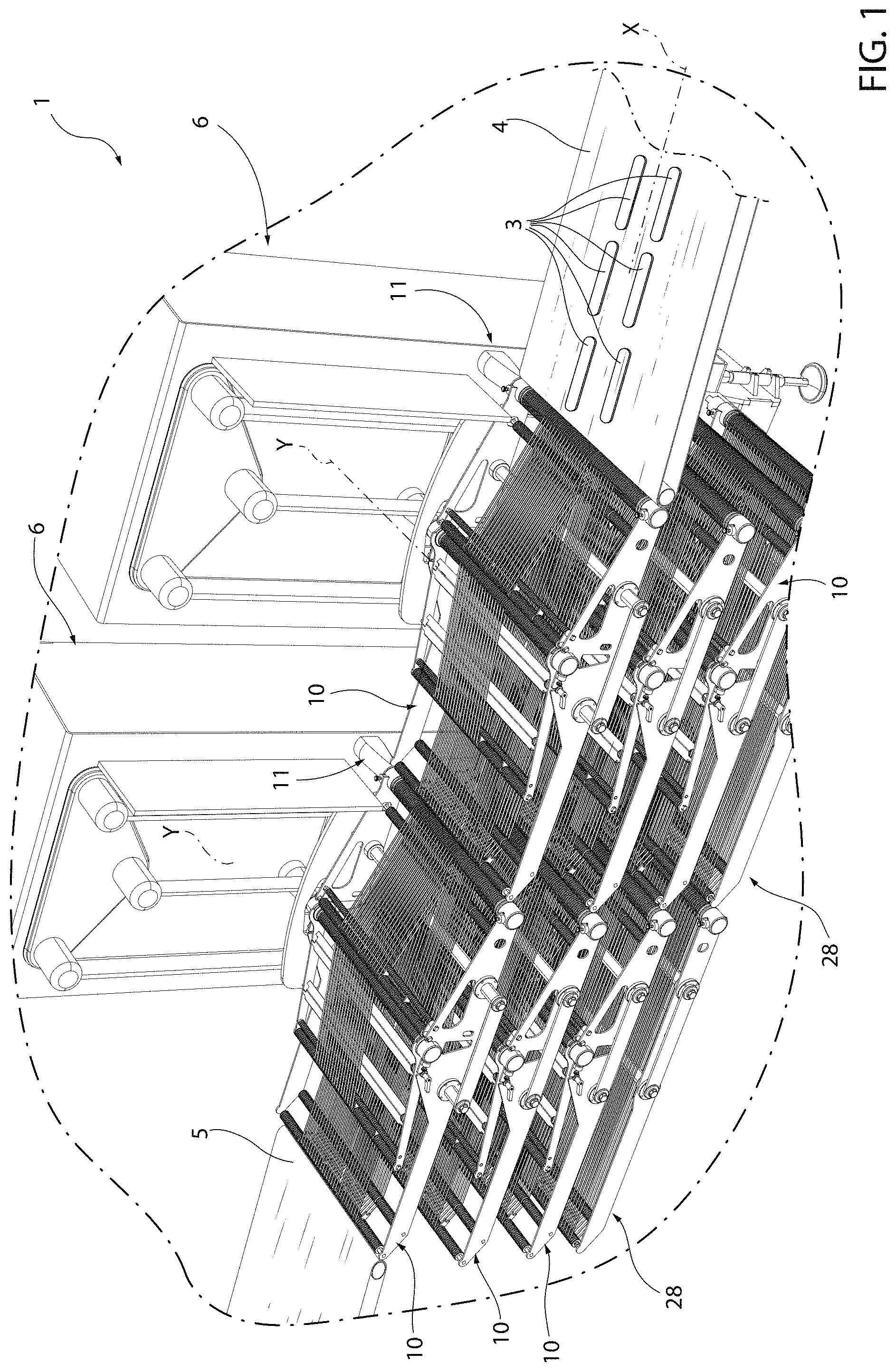Patent US11780683 Figure 1 – Configurable assembly for conveying products, in particular sliced food products