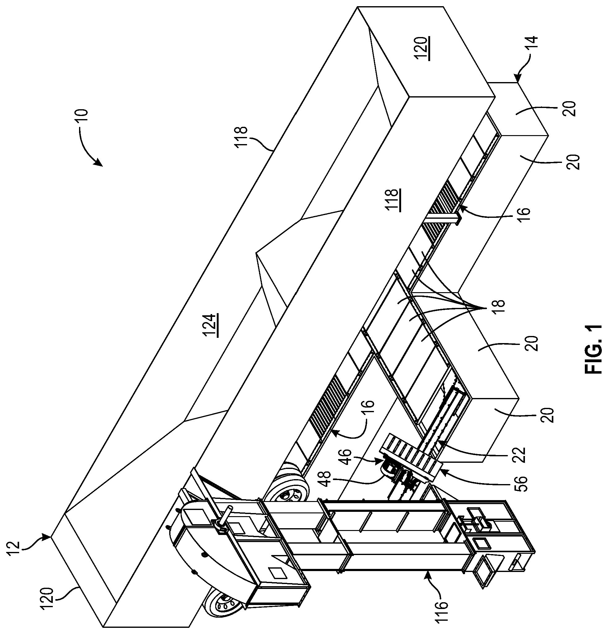 Patent US11780690 Figure 1 – Single drive dual hopper conveyor system