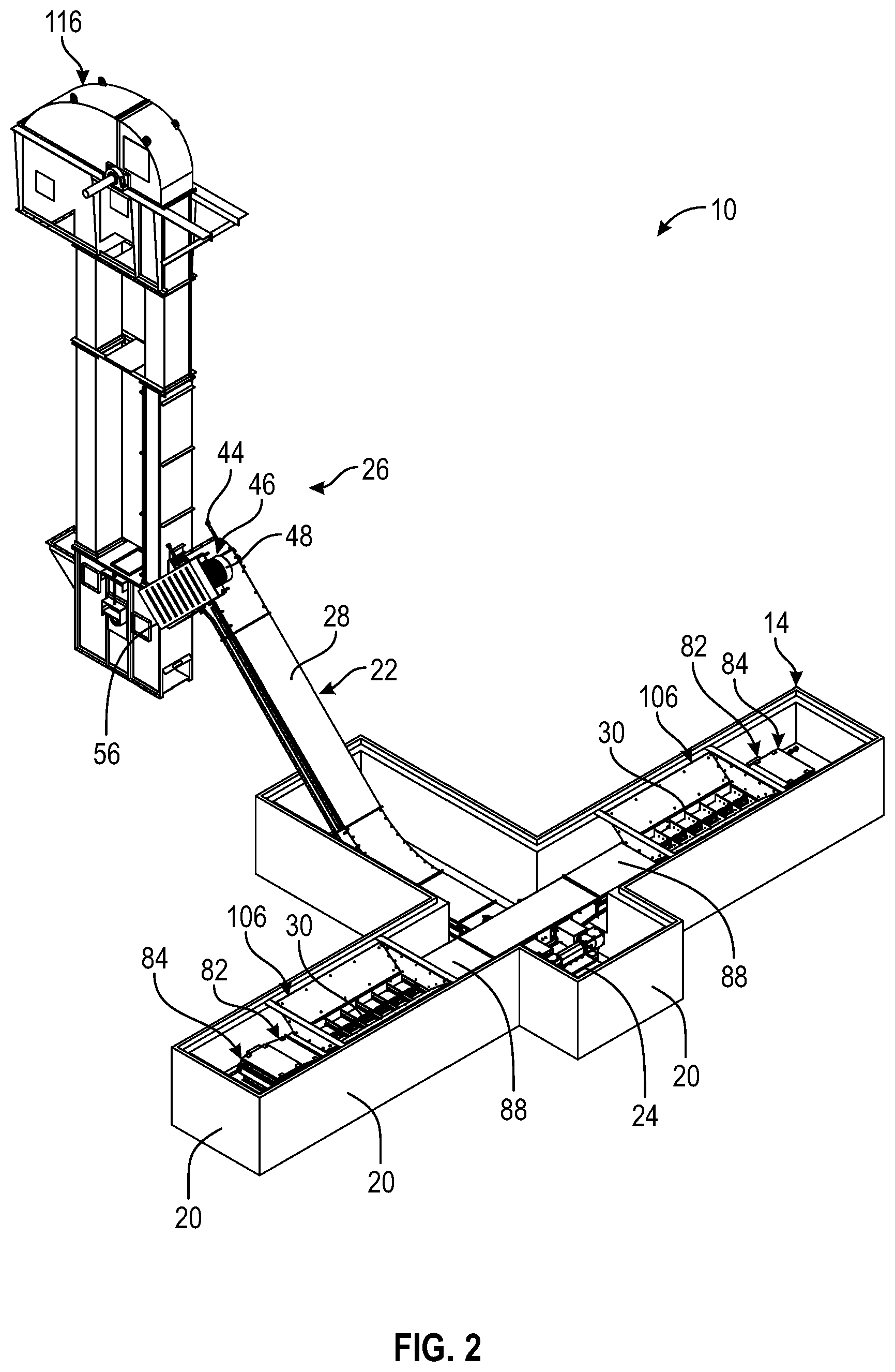 Patent US11780690 Figure 2 – Single drive dual hopper conveyor system