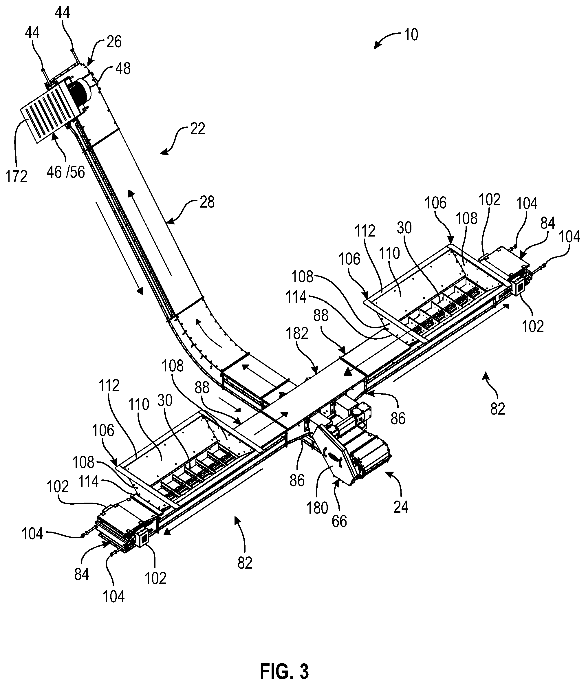 Patent US11780690 Figure 3 – Single drive dual hopper conveyor system