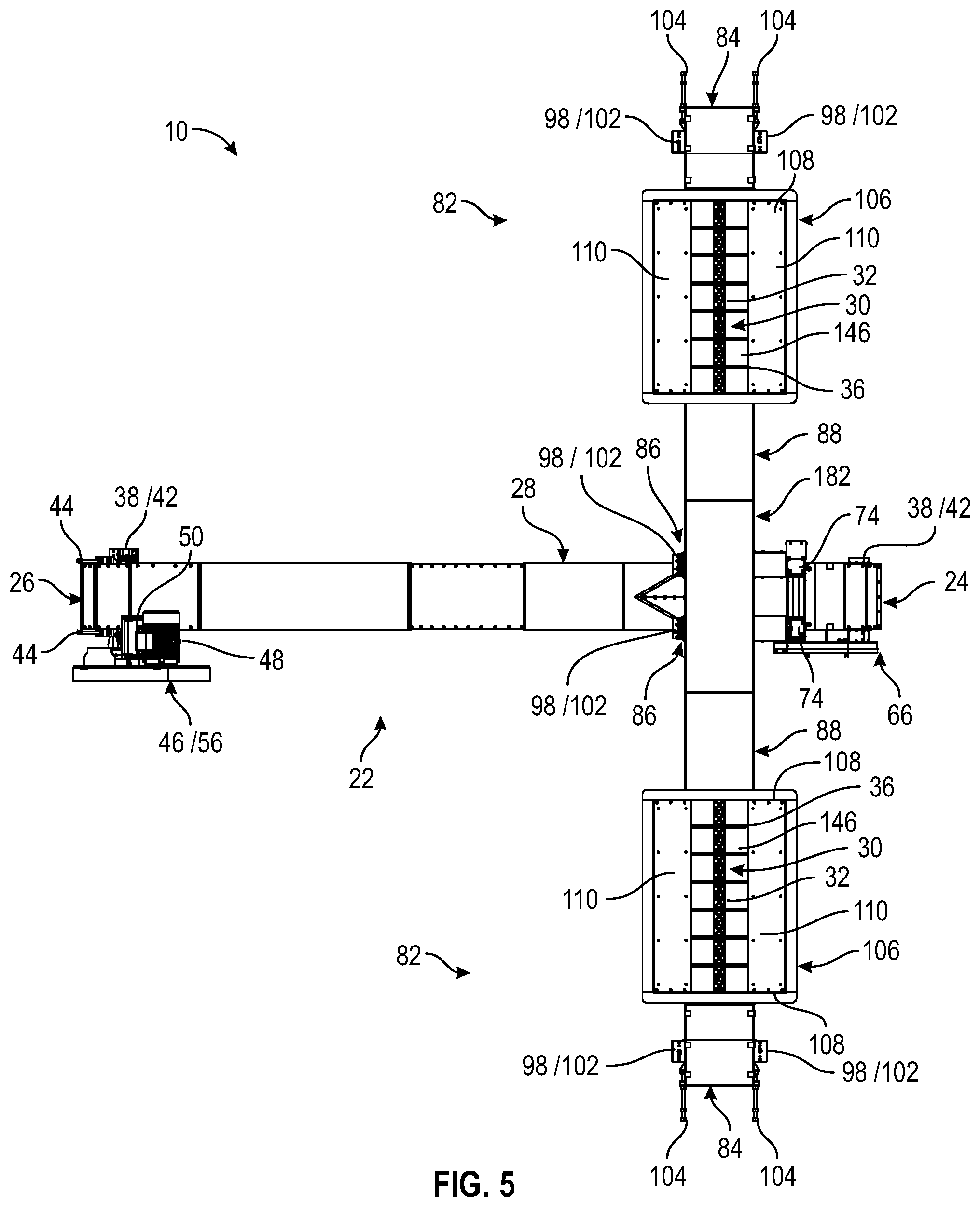 Patent US11780690 Figure 5 – Single drive dual hopper conveyor system