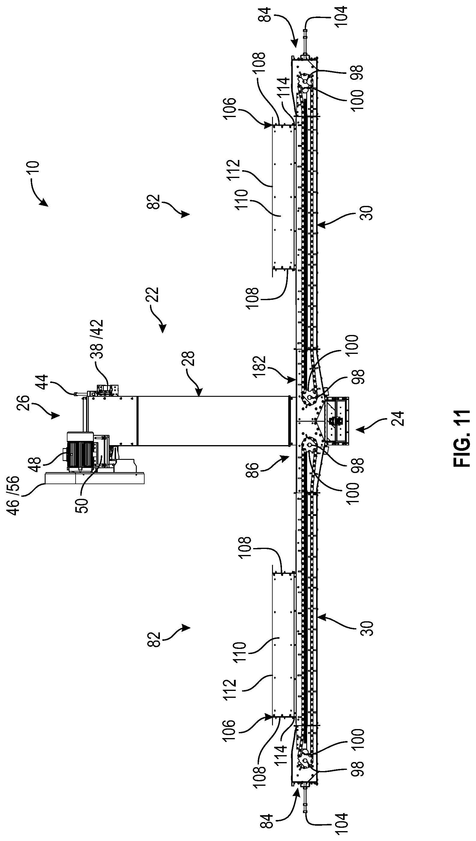 Patent US11780690 Figure 11 – Single drive dual hopper conveyor system