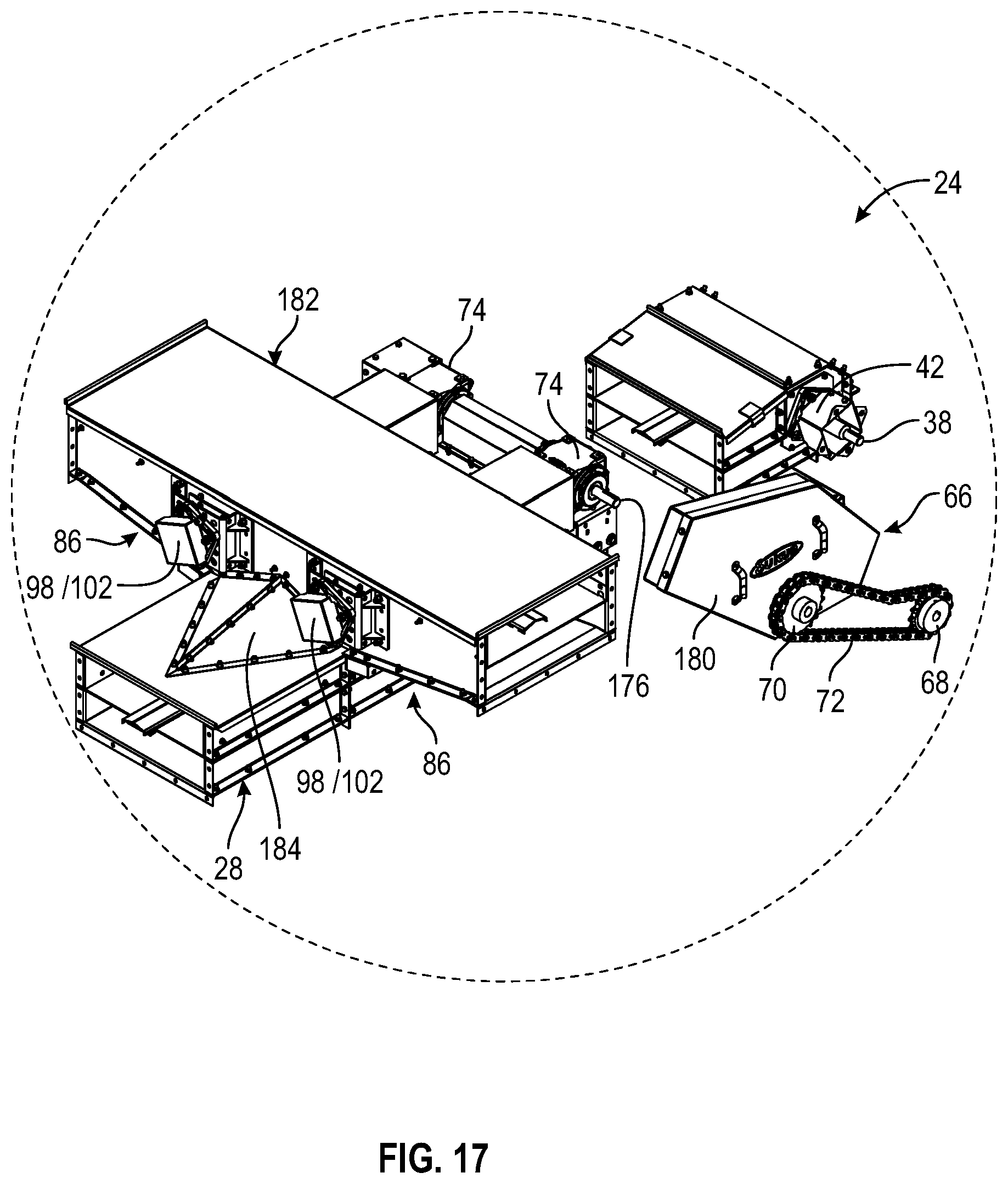 Patent US11780690 Figure 17 – Single drive dual hopper conveyor system