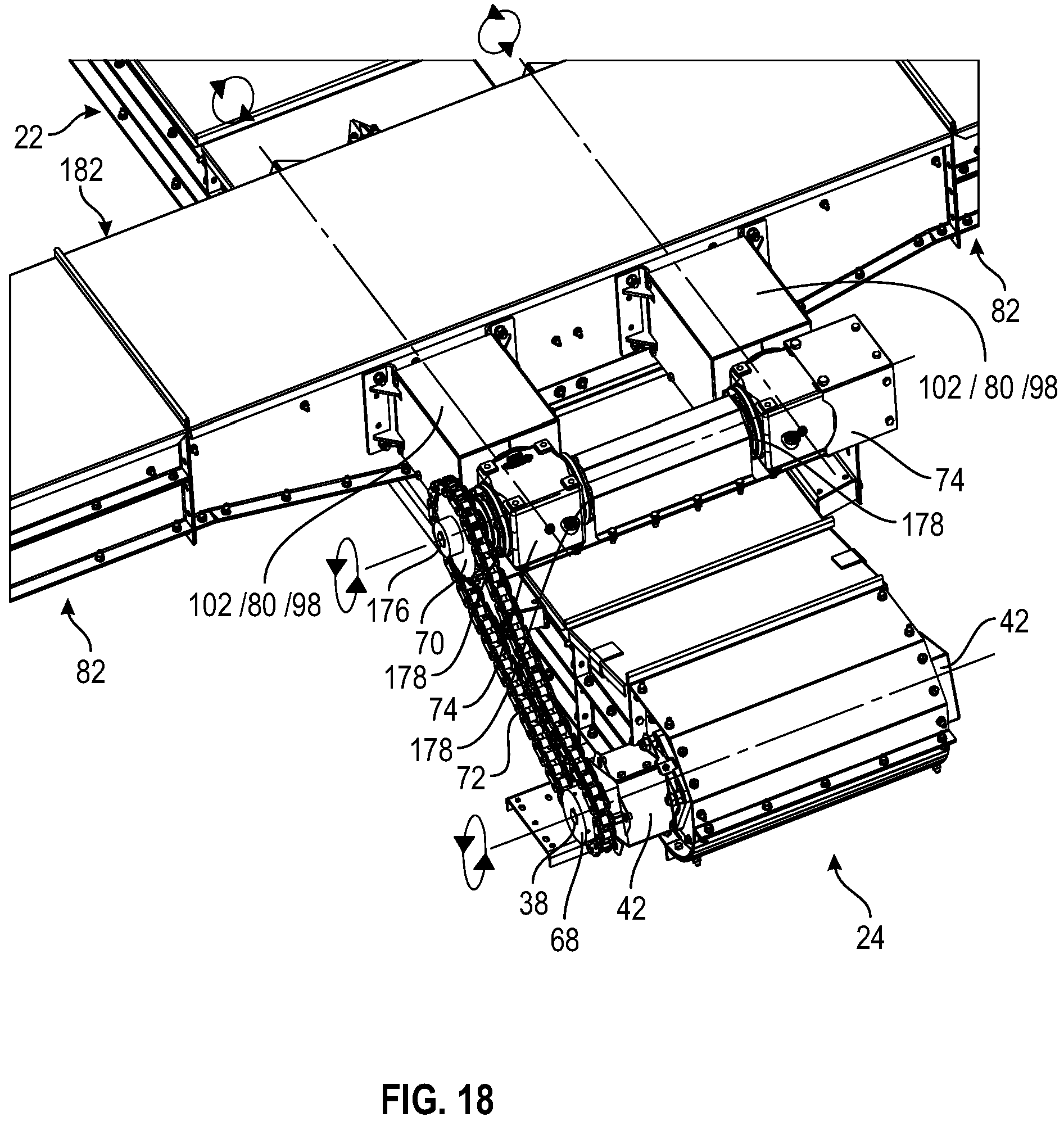 Patent US11780690 Figure 18 – Single drive dual hopper conveyor system