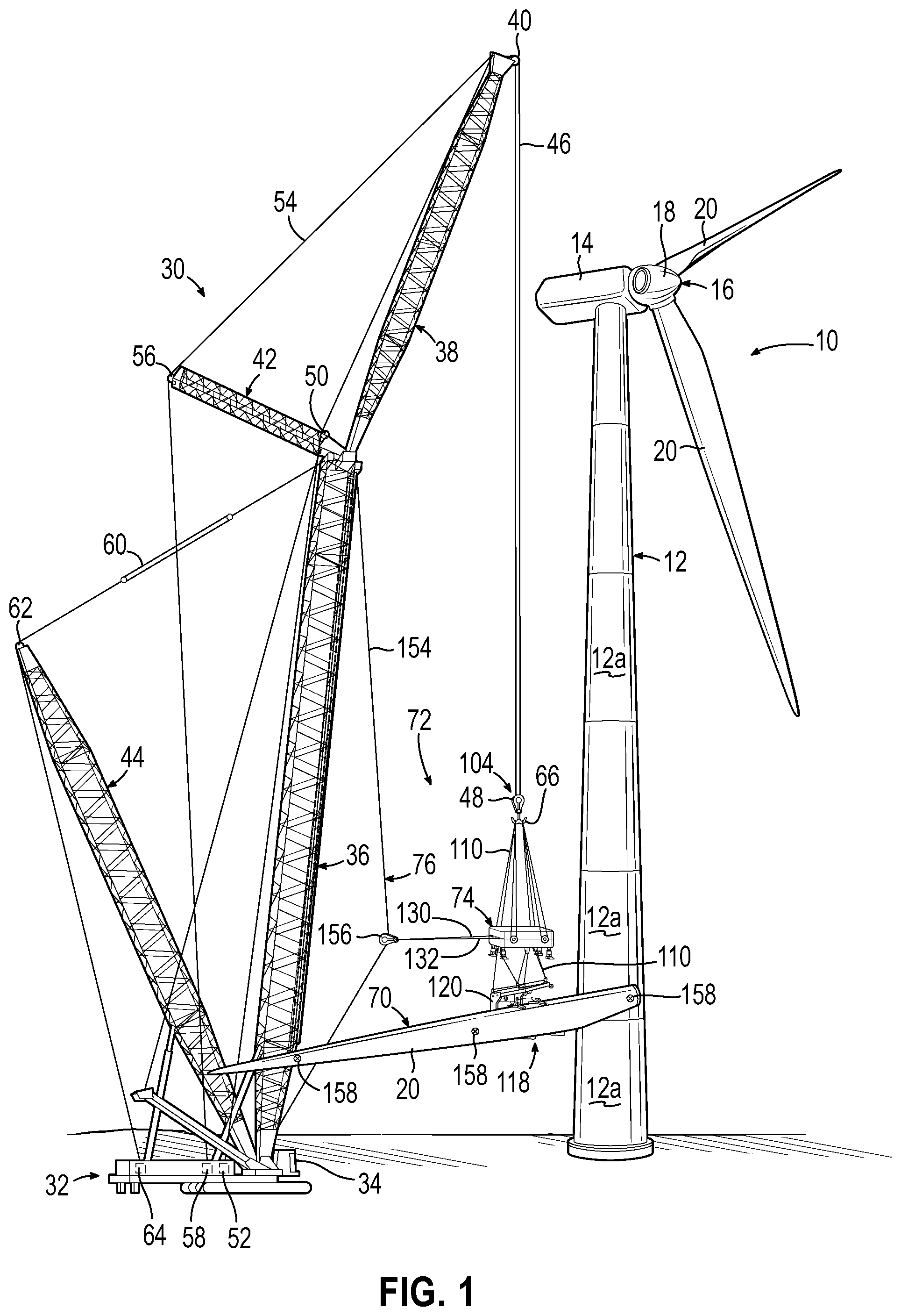 Patent US11780711 — Automated tagline control system and method of handling a wind turbine component using the automated tagline control system — Figure 1