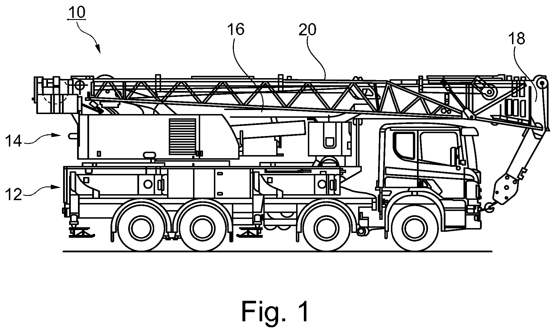 Patent US11780712 Figure 1 – Mobile crane having a folding boom arrester device and folding boom for said crane