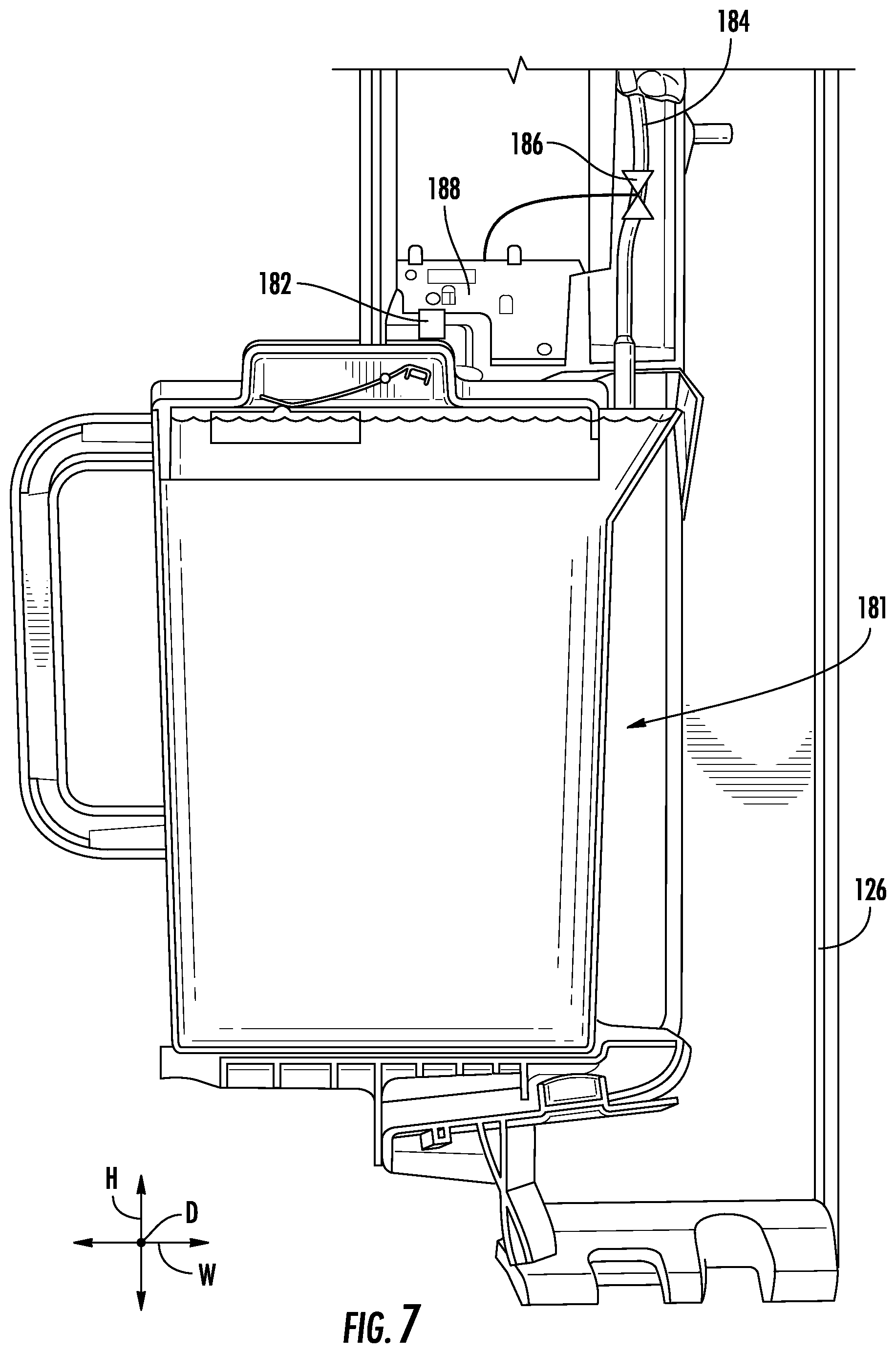 Patent US11780722 Figure 7 – Autofill pitcher overfill shutoff mechanism