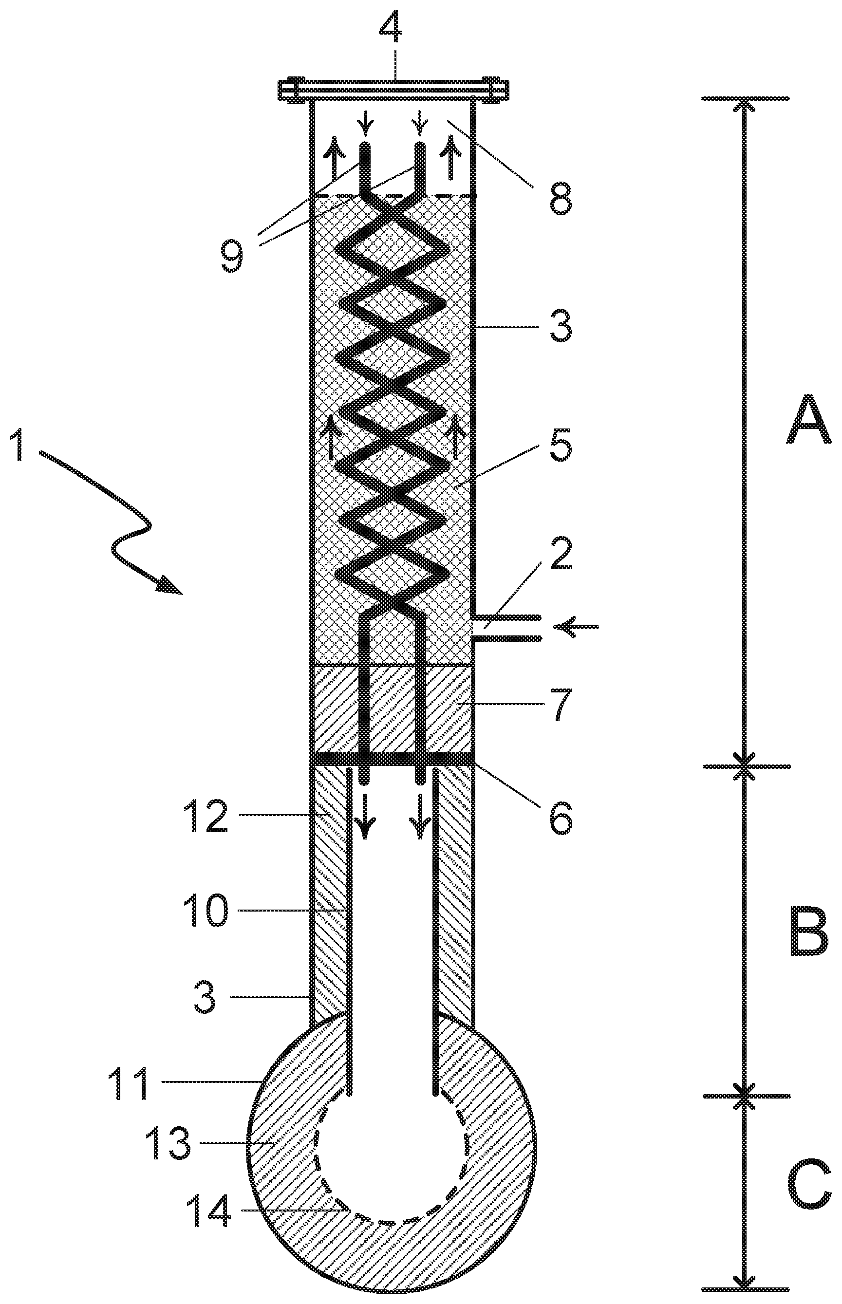Patent US11780730 Figure 1 – Corrosion-protected reformer tube with internal heat exchange
