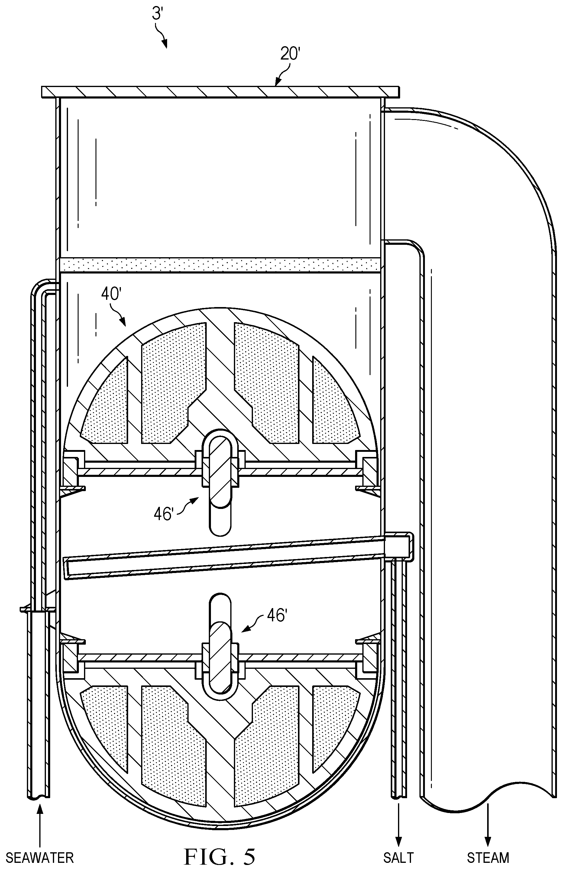 Patent US11780744 Figure 5 – Methods and apparatuses for distilling seawater and brine and removing salt