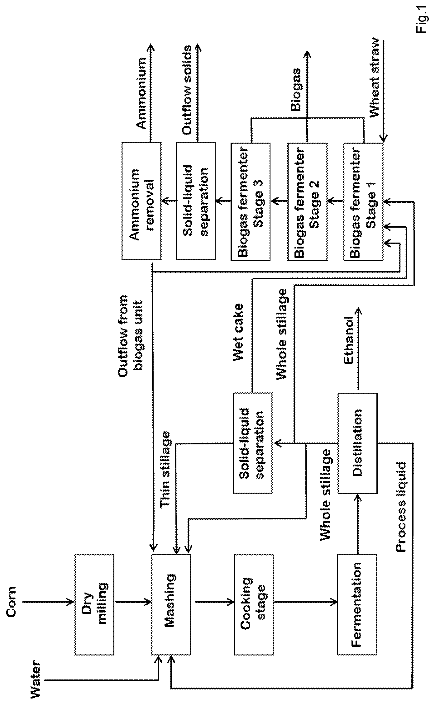 Patent US11781158 Figure 1 – Method for carrying out the combined operation of a bioethanol production unit and a biogas unit