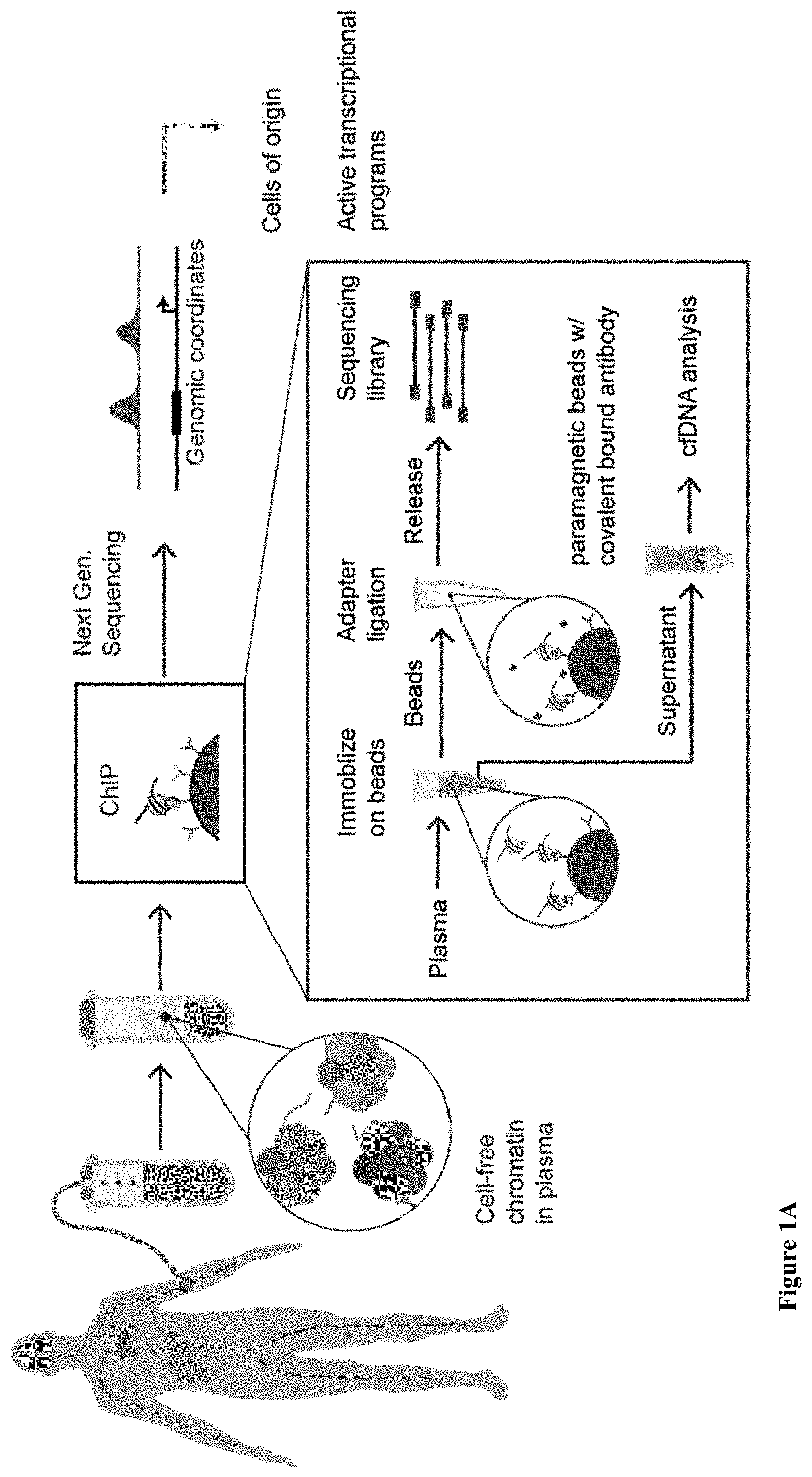 Patent US11781183 Figure 1 – Diagnostic use of cell free DNA chromatin immunoprecipitation