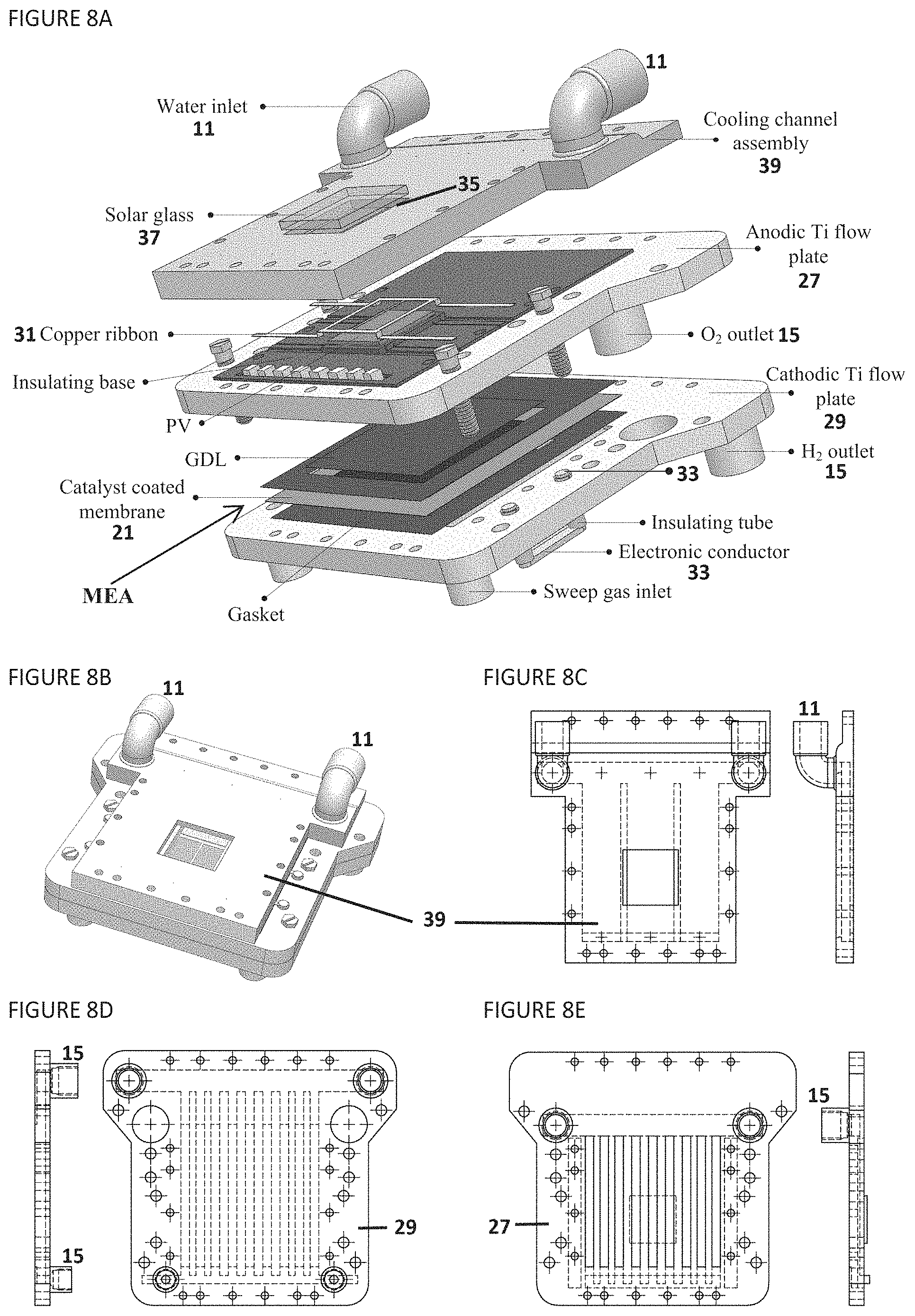 Patent US11781230 Figure 8 – Integrated photo-electrochemical device for concentrated irradiation
