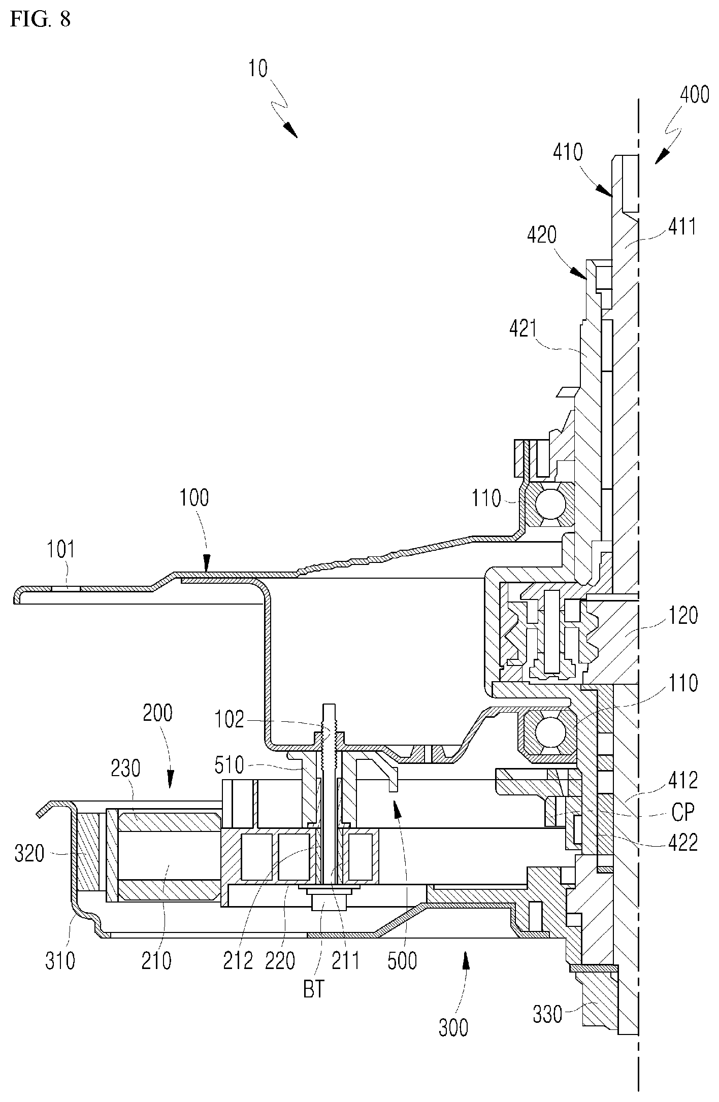 Patent US11781262 Figure 8 – Driving part assembly and top-loader washer thereof