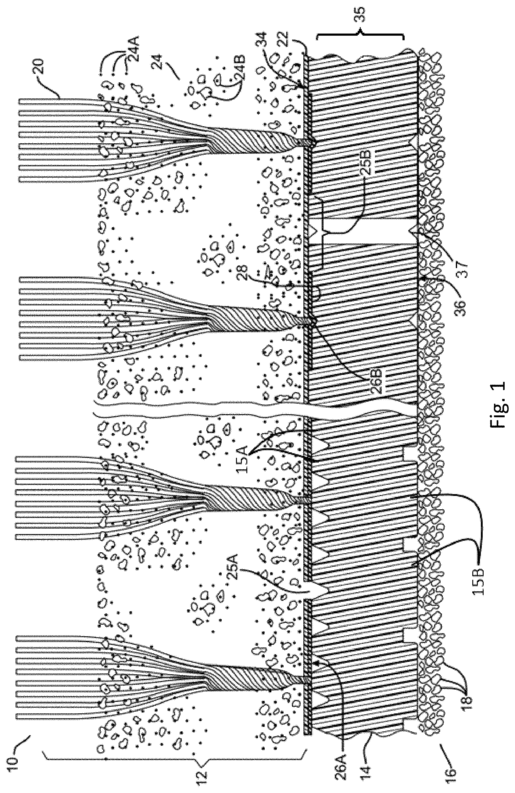 Patent US11781272 Figure 1 – Base for turf system with vertical support extensions at panel edges