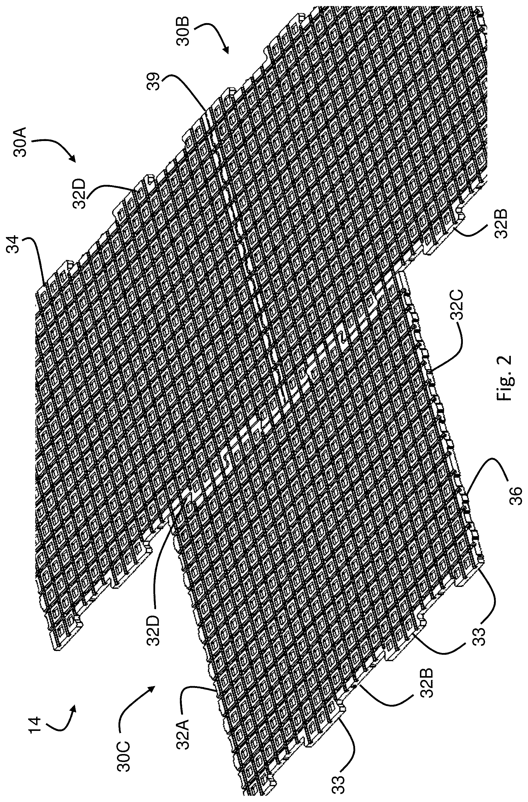 Patent US11781272 Figure 2 – Base for turf system with vertical support extensions at panel edges