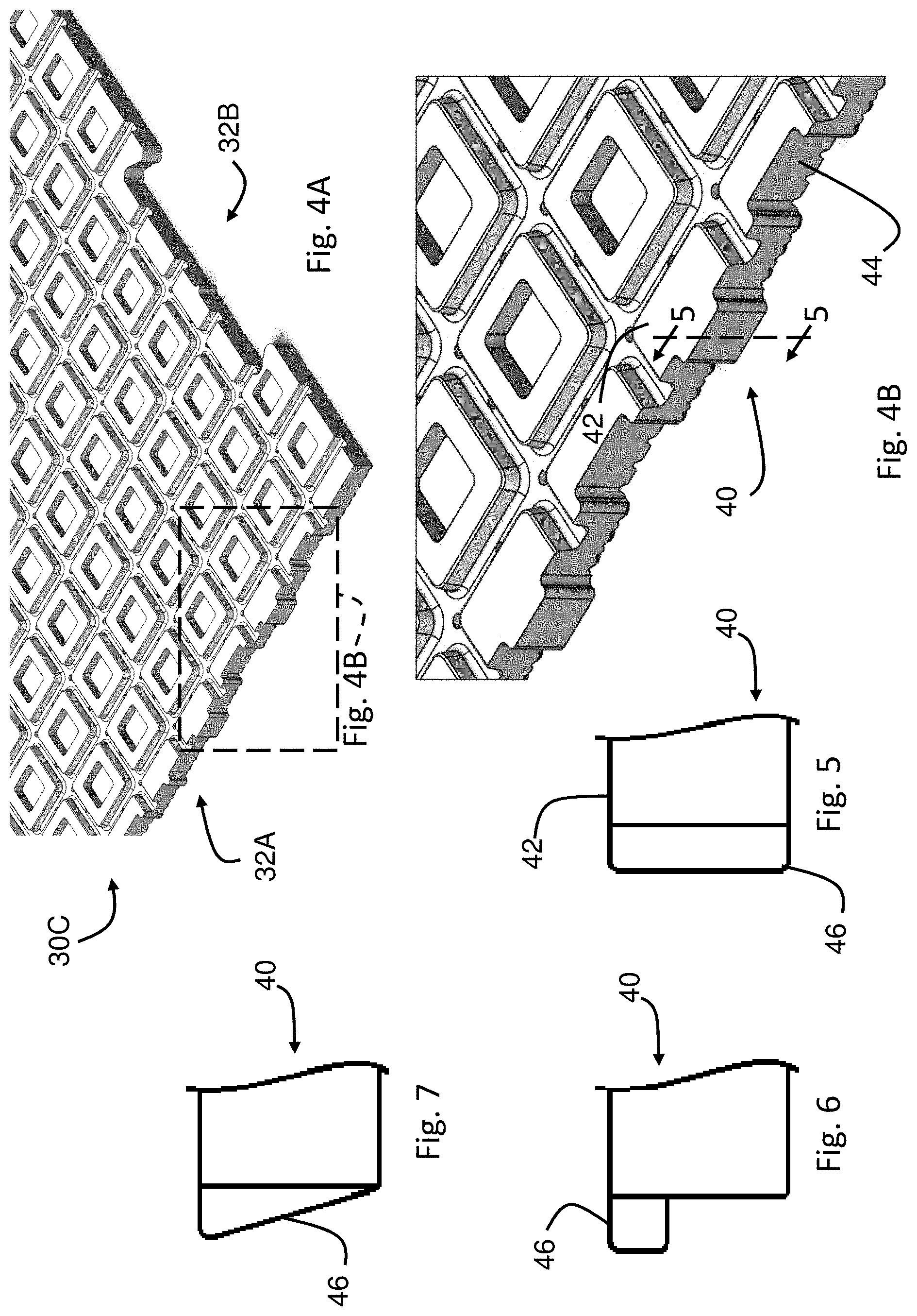 Patent US11781272 Figure 4 – Base for turf system with vertical support extensions at panel edges