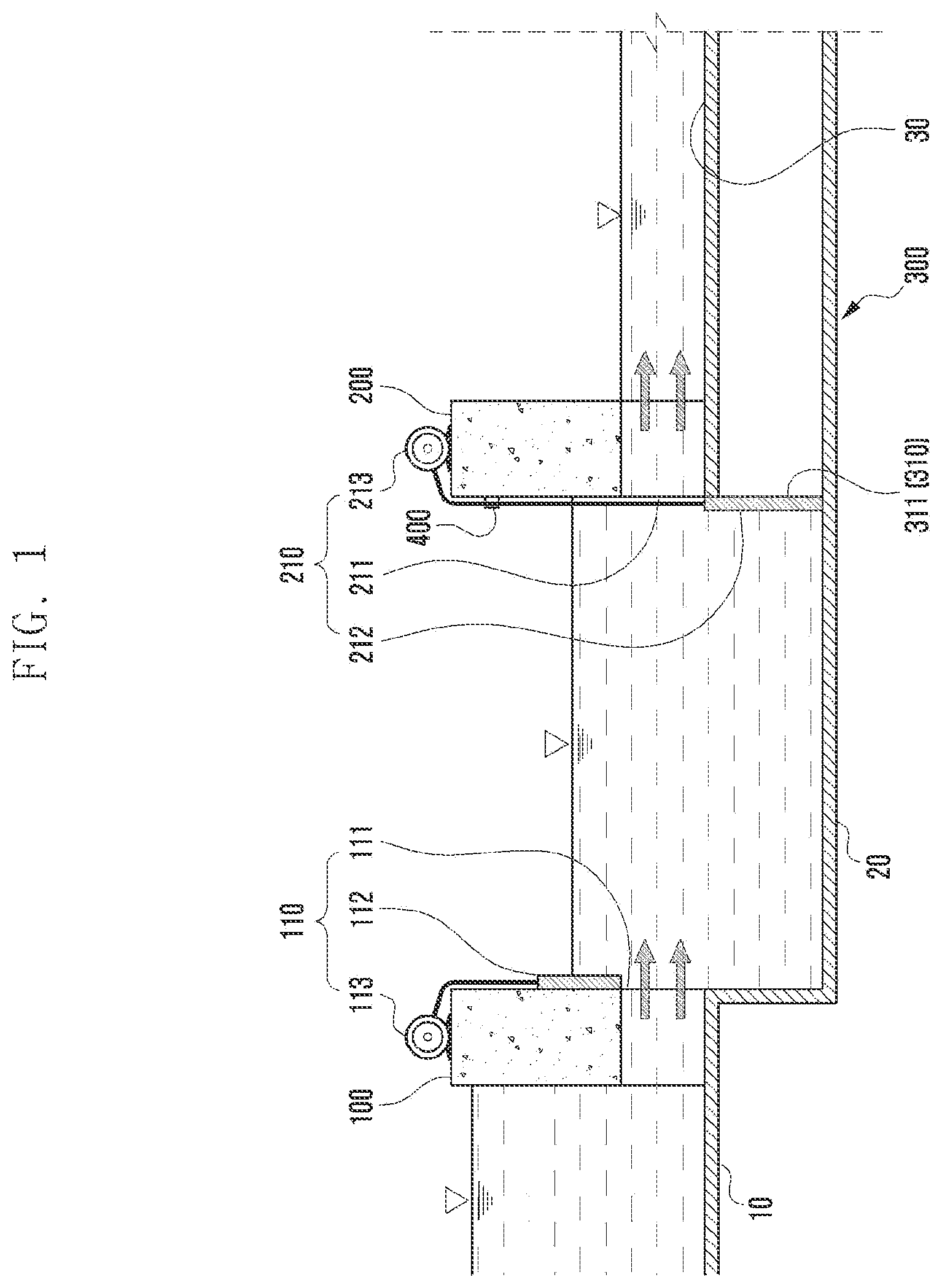 Patent US11781277 Figure 1 – Dam with auxiliary dam and underground water path