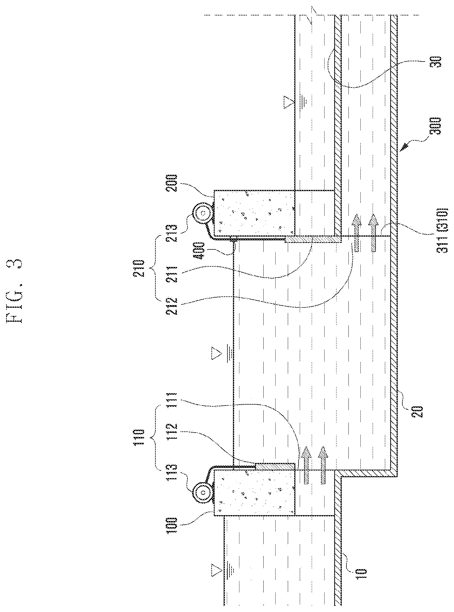Patent US11781277 Figure 3 – Dam with auxiliary dam and underground water path