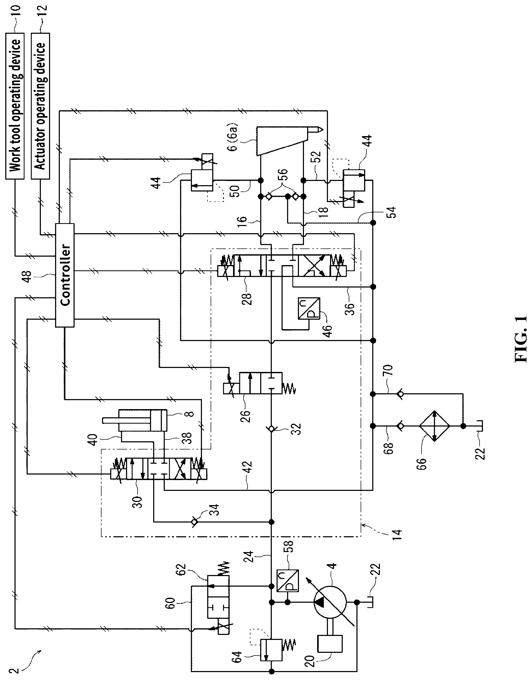 Patent US11781287 Figure 1 – Hydraulic circuit for a construction machine