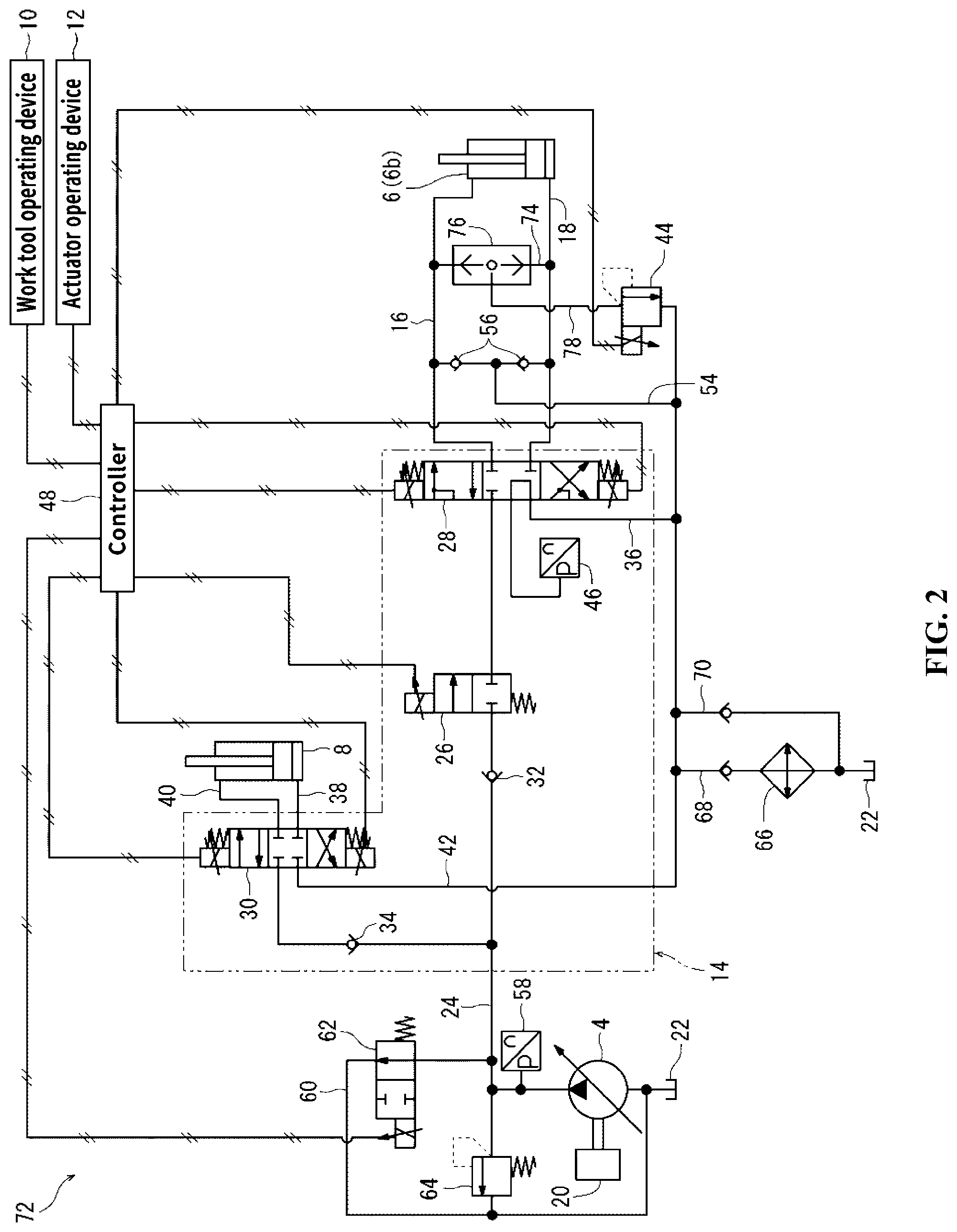Patent US11781287 Figure 2 – Hydraulic circuit for a construction machine