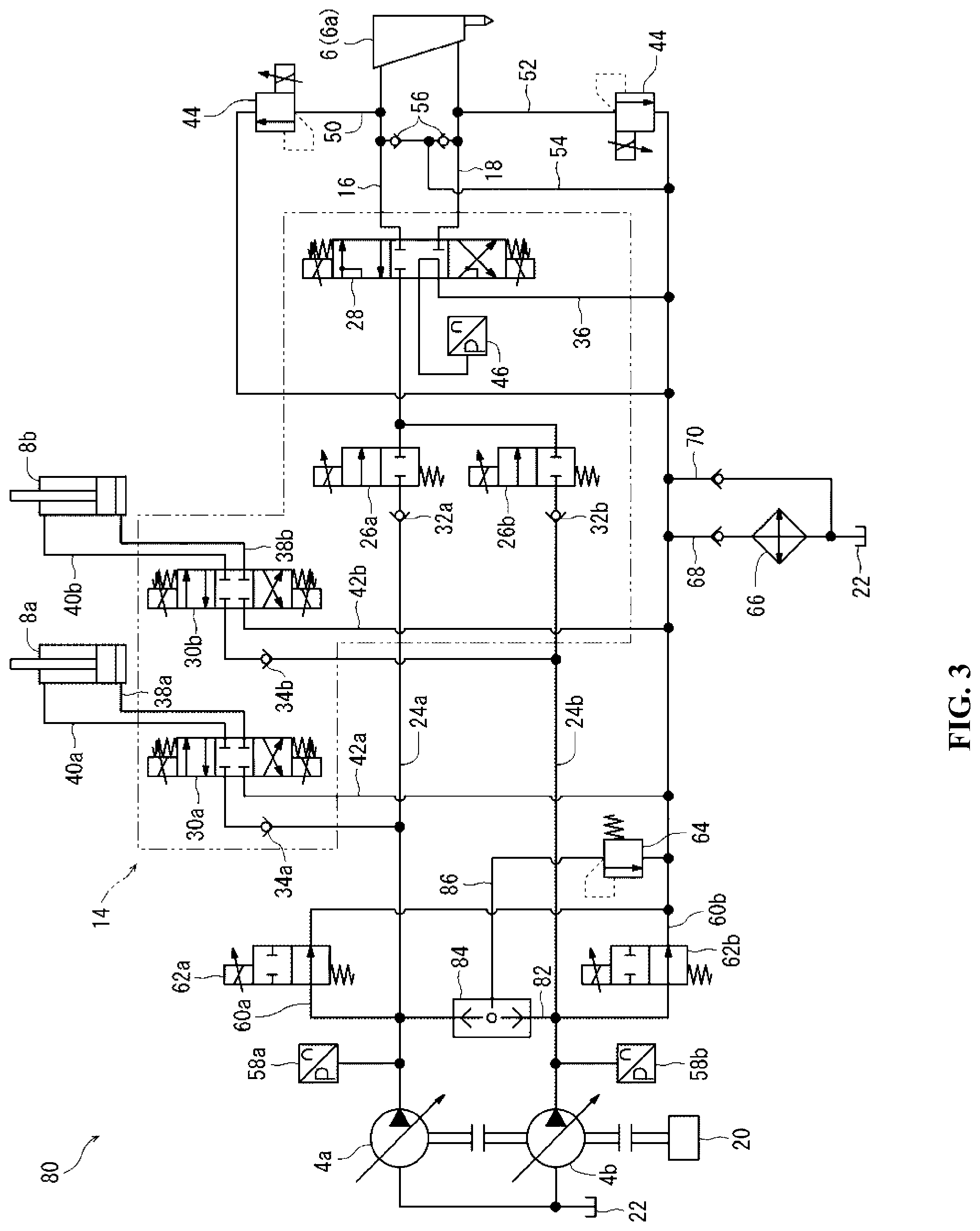 Patent US11781287 Figure 3 – Hydraulic circuit for a construction machine