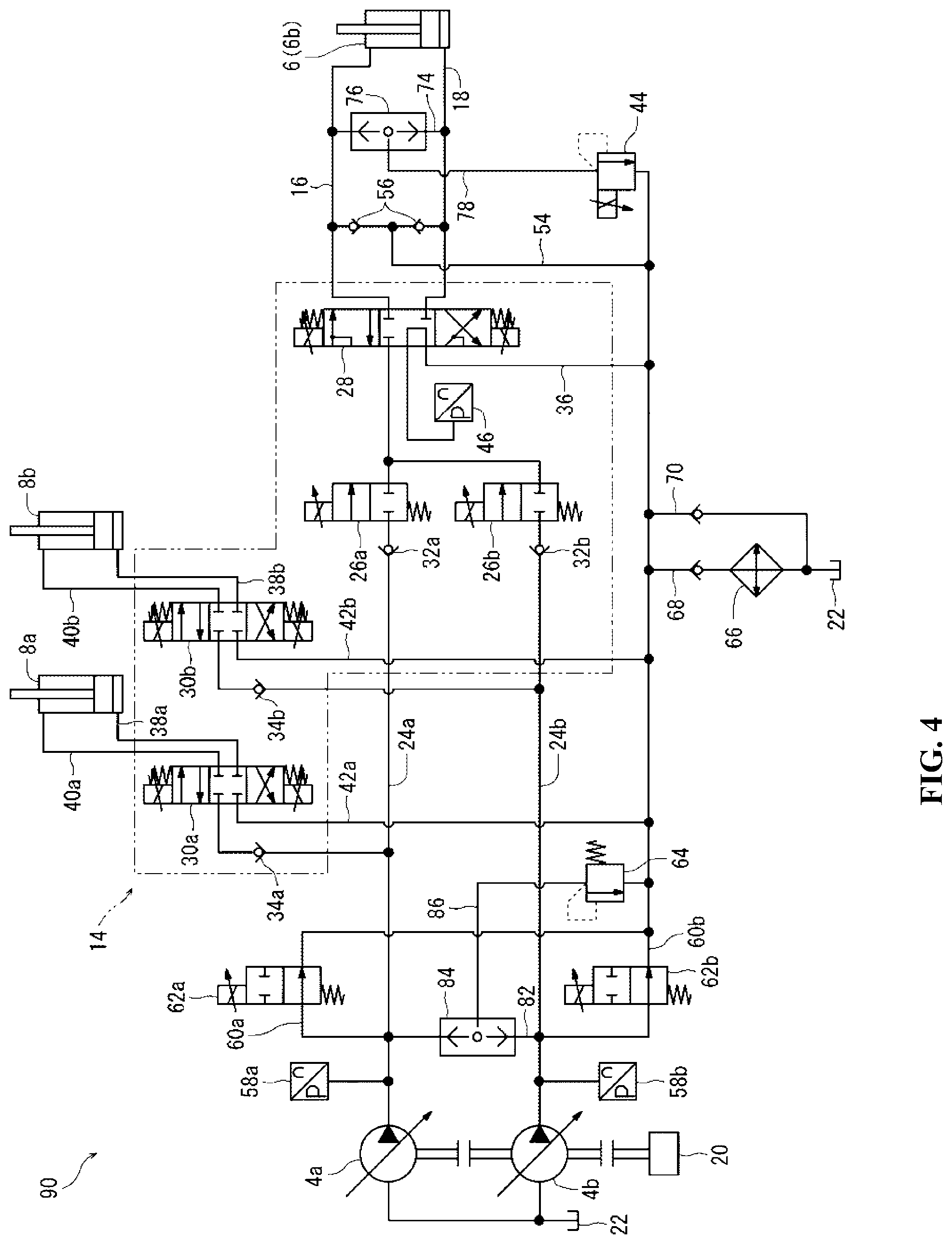 Patent US11781287 Figure 4 – Hydraulic circuit for a construction machine