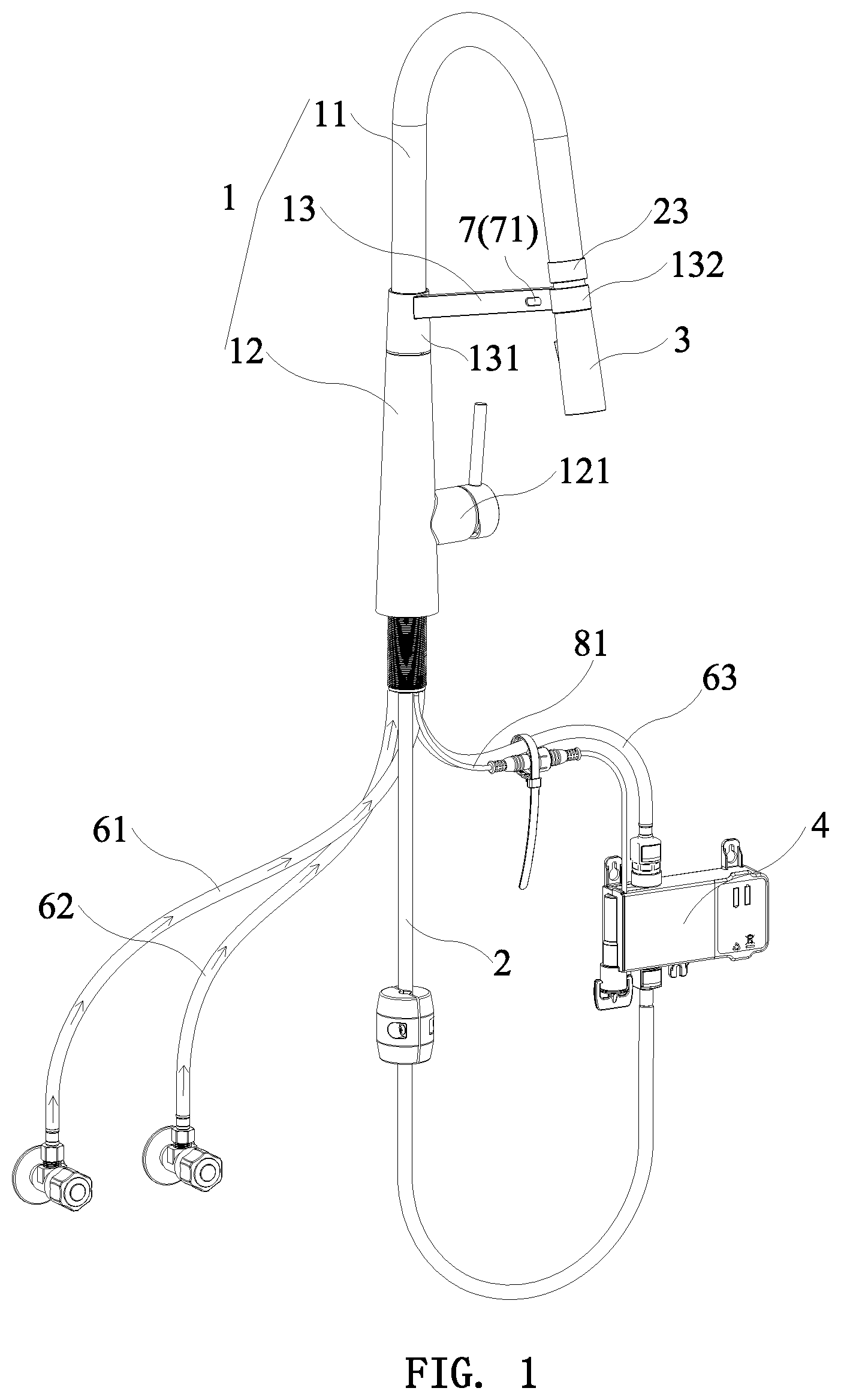 Patent US11781300 Figure 1 – Electronic pull-out faucet