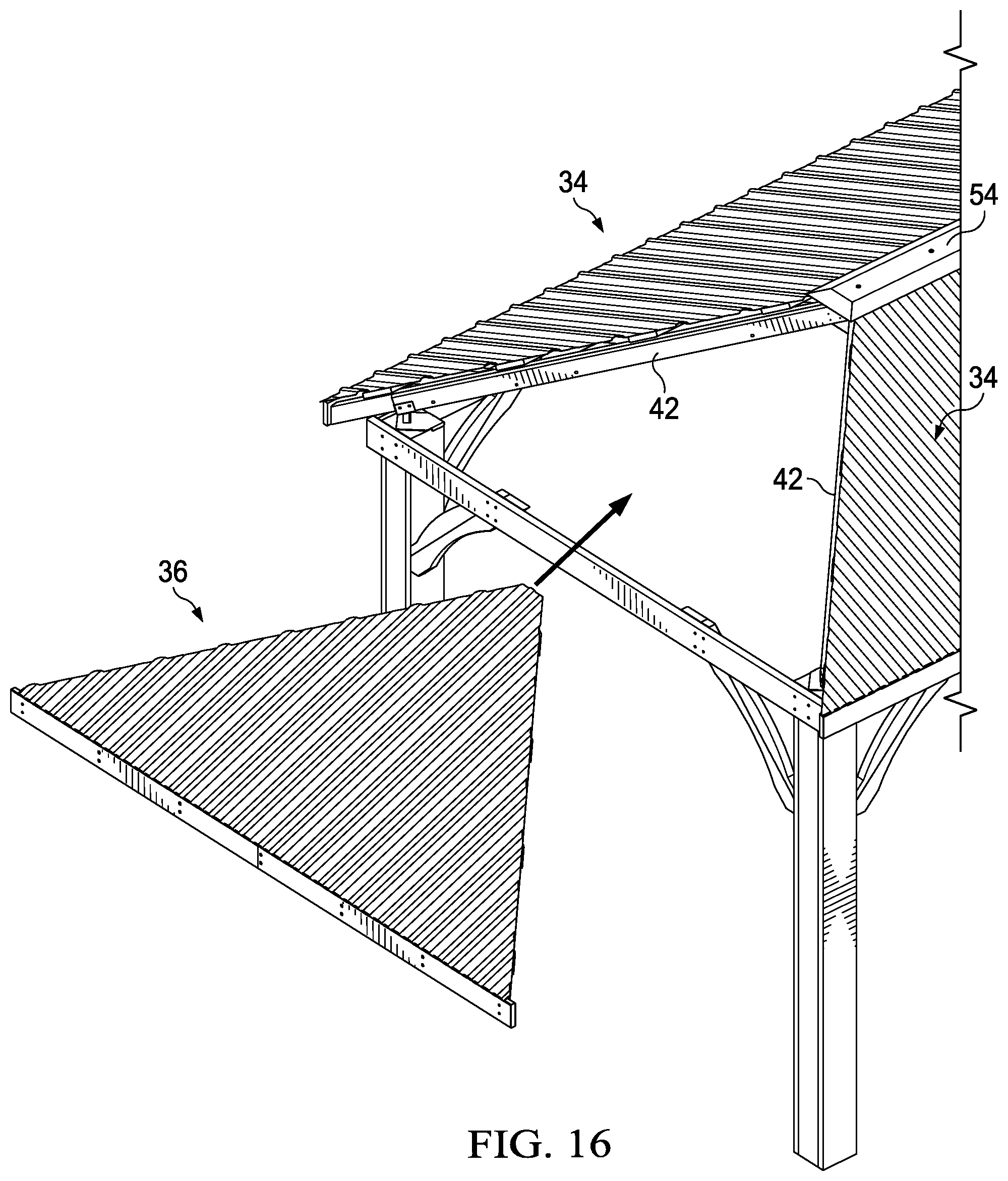 Patent US11781317 Figure 16 – Roof structure including panels and substructure for supporting panels