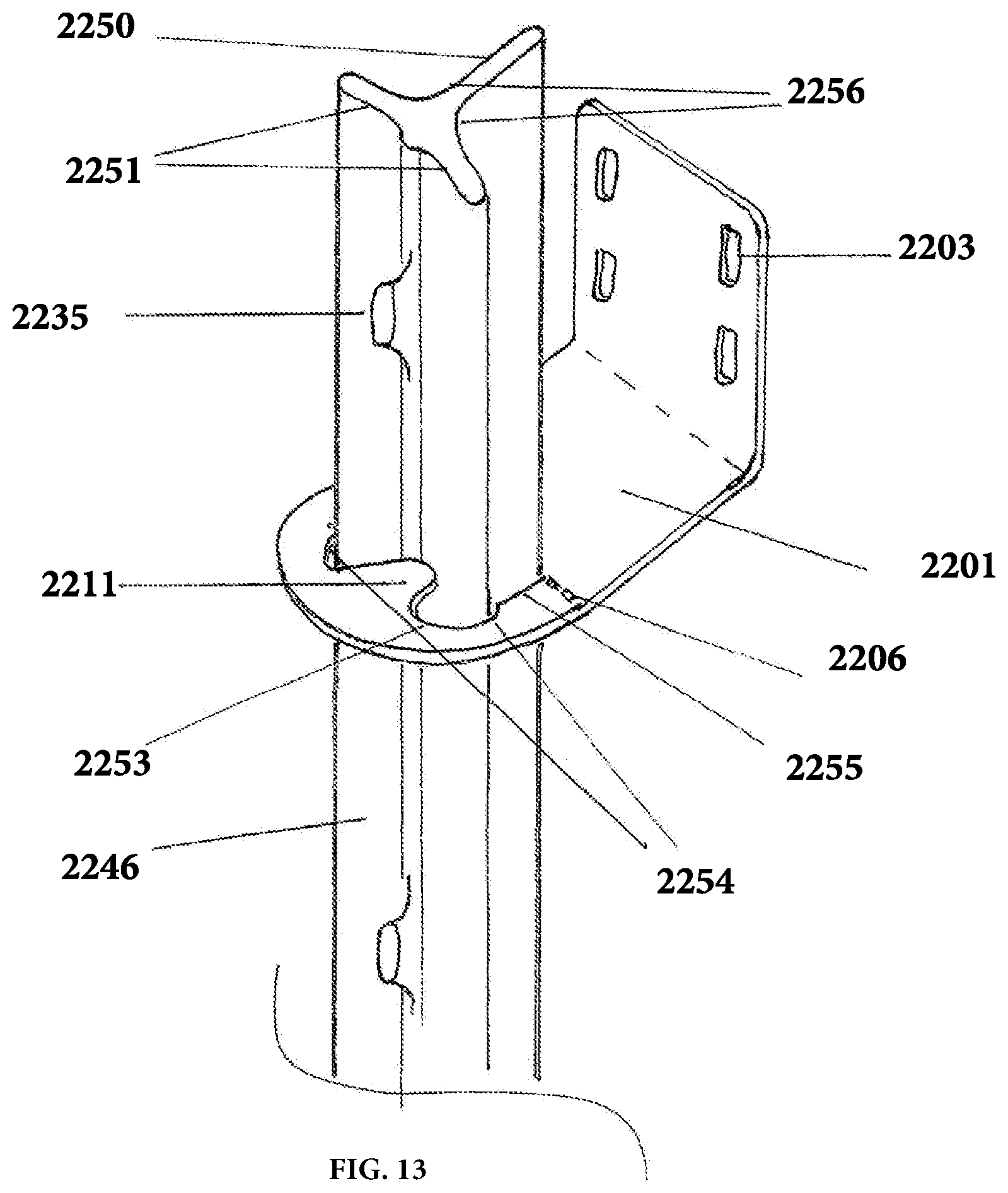 Patent US11781337 Figure 13 – Apparatus, system, and method for creation of fences and related structures using t-posts