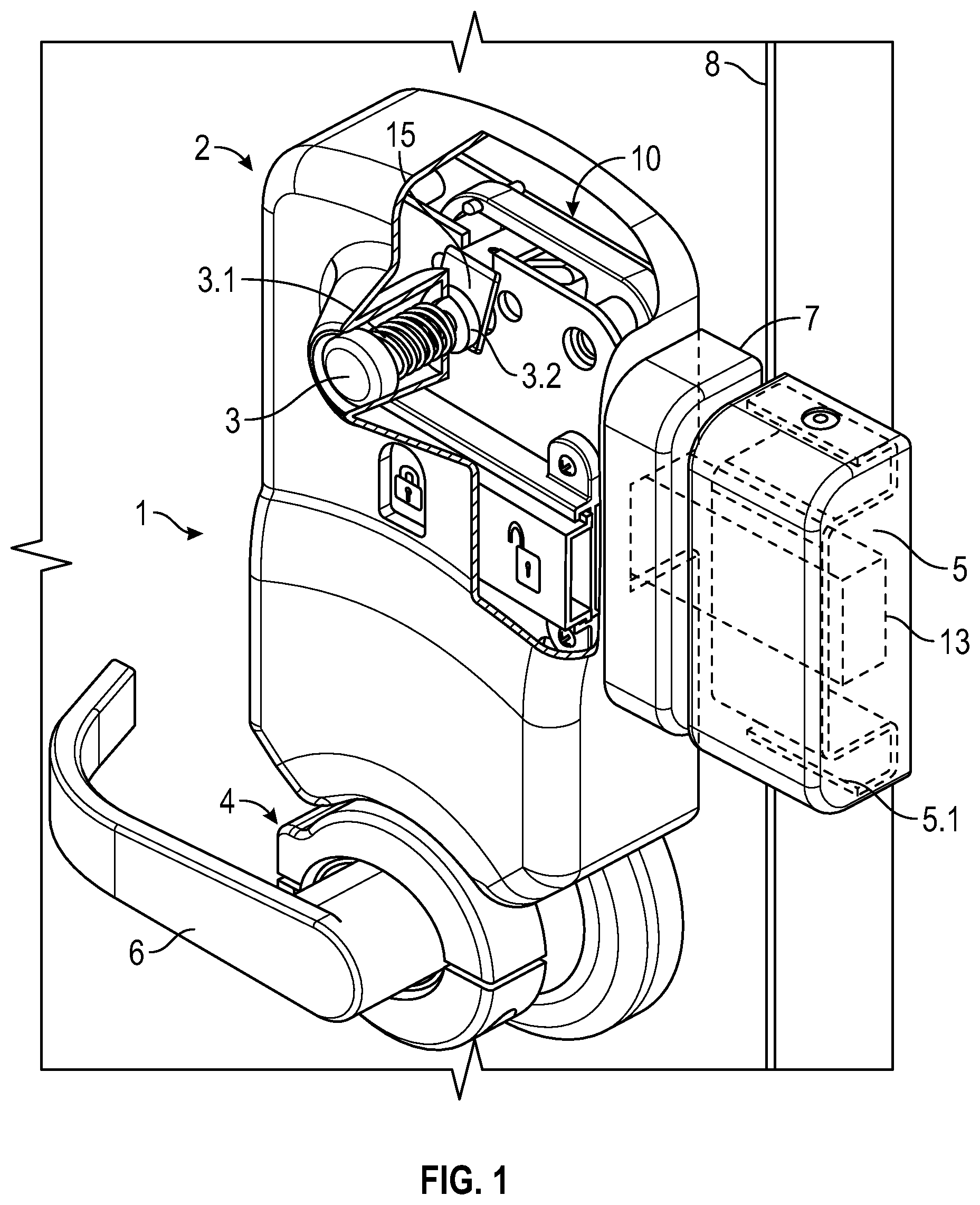 Patent US11781347 Figure 1 – Lock assembly on a security door