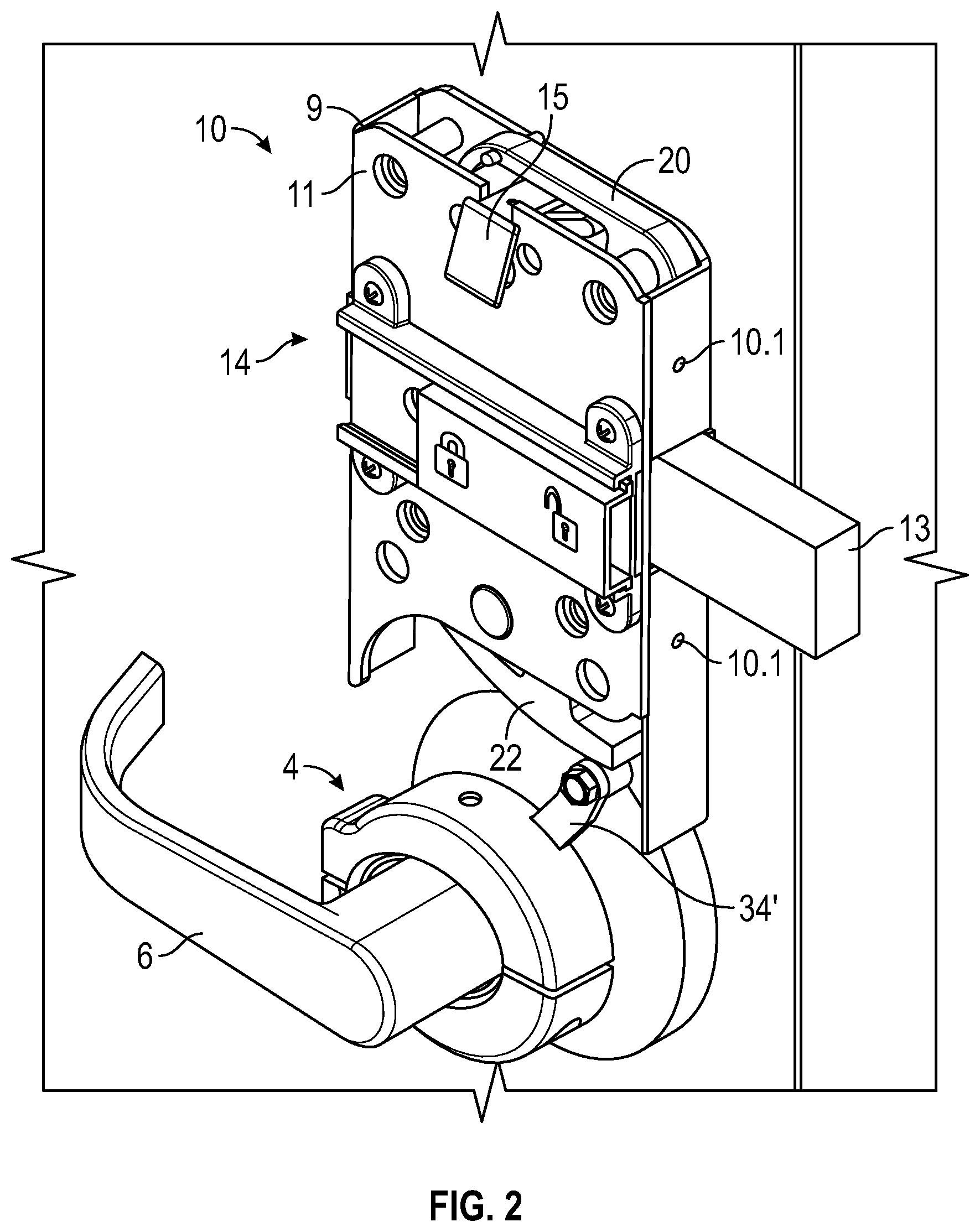 Patent US11781347 Figure 2 – Lock assembly on a security door